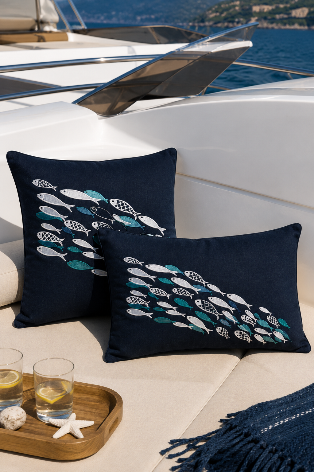 Aqua Dance Embroidered Pillow Cover – Azure | 16x24"
