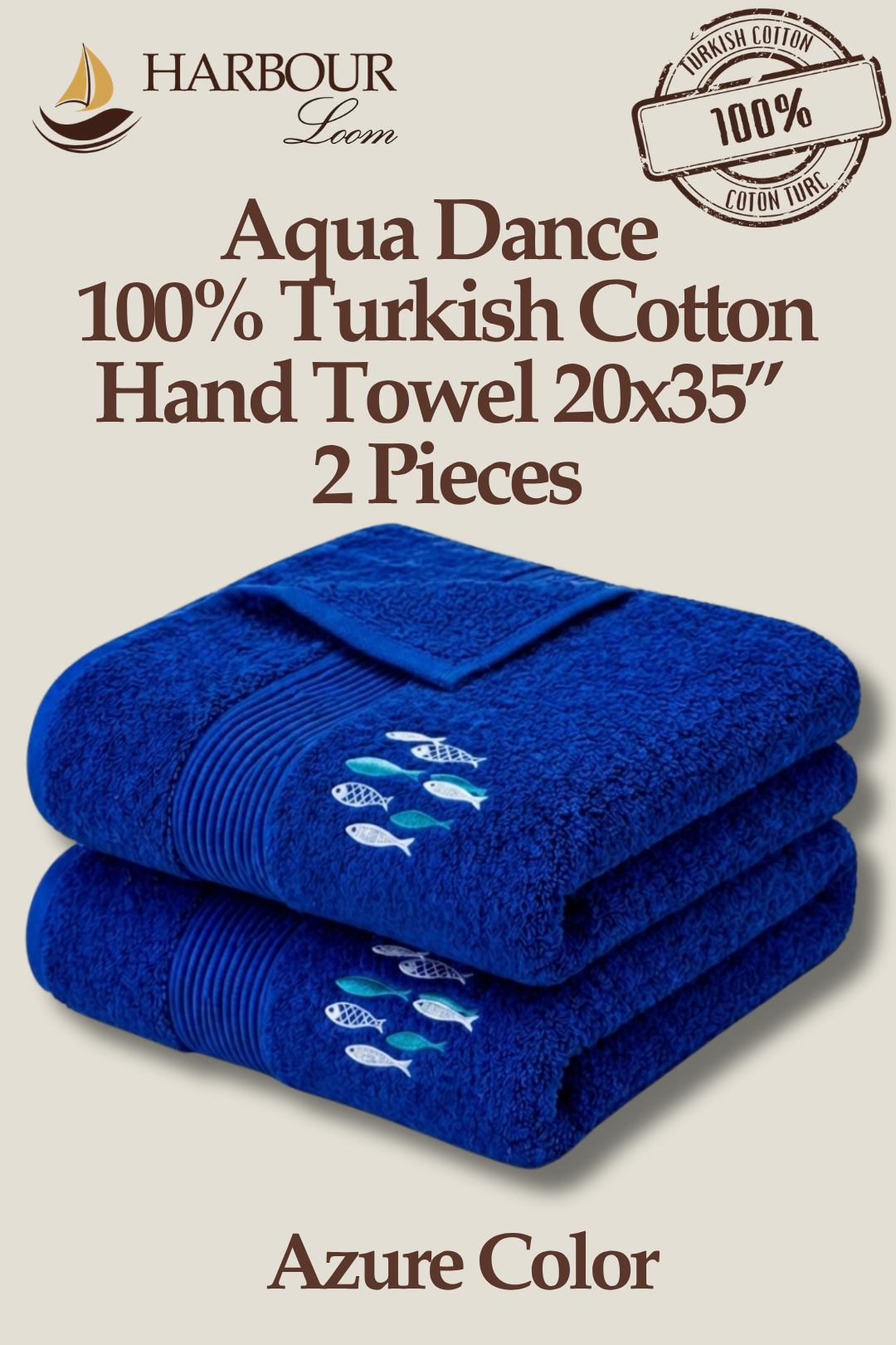 Two blue hand towels with fish design on a beige background, branded as Harbour Loom.