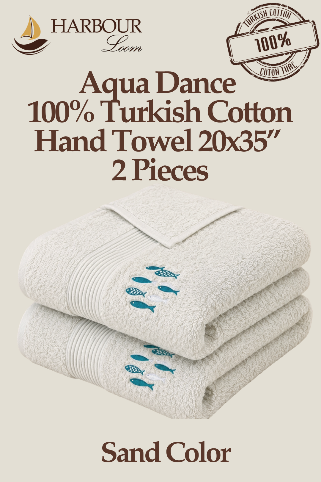 Harbour Loom Aqua Dance 100% Turkish Cotton Hand Towels with fish design on a beige background