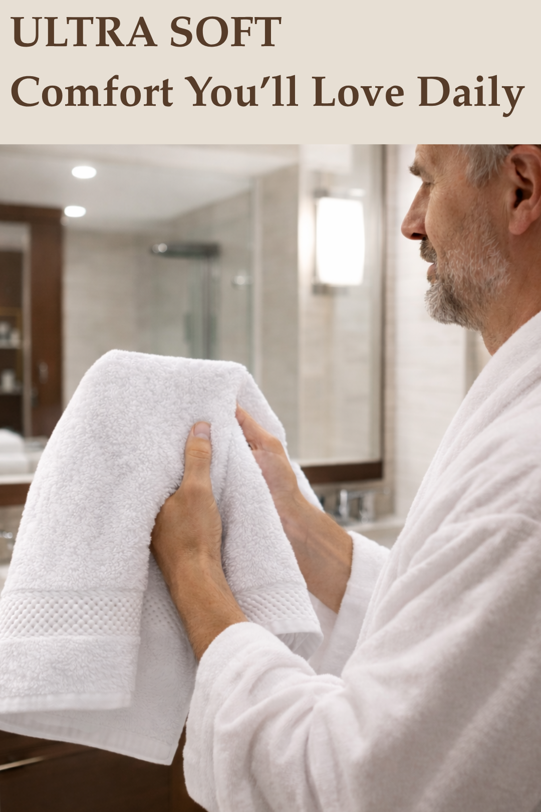 Man holding a white towel with text about ultra-soft towels