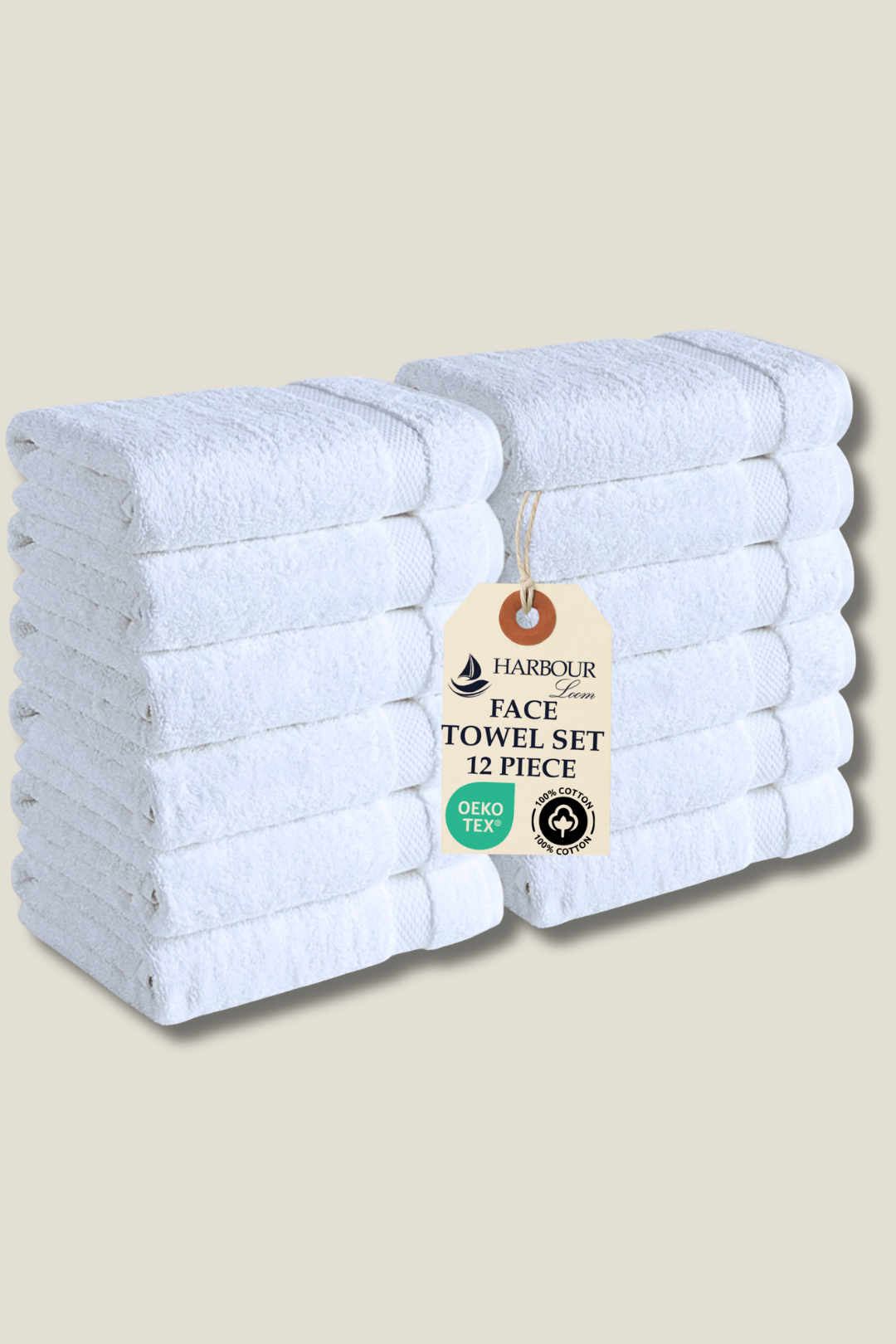 Set of white face towels with a Harrods tag on a beige background