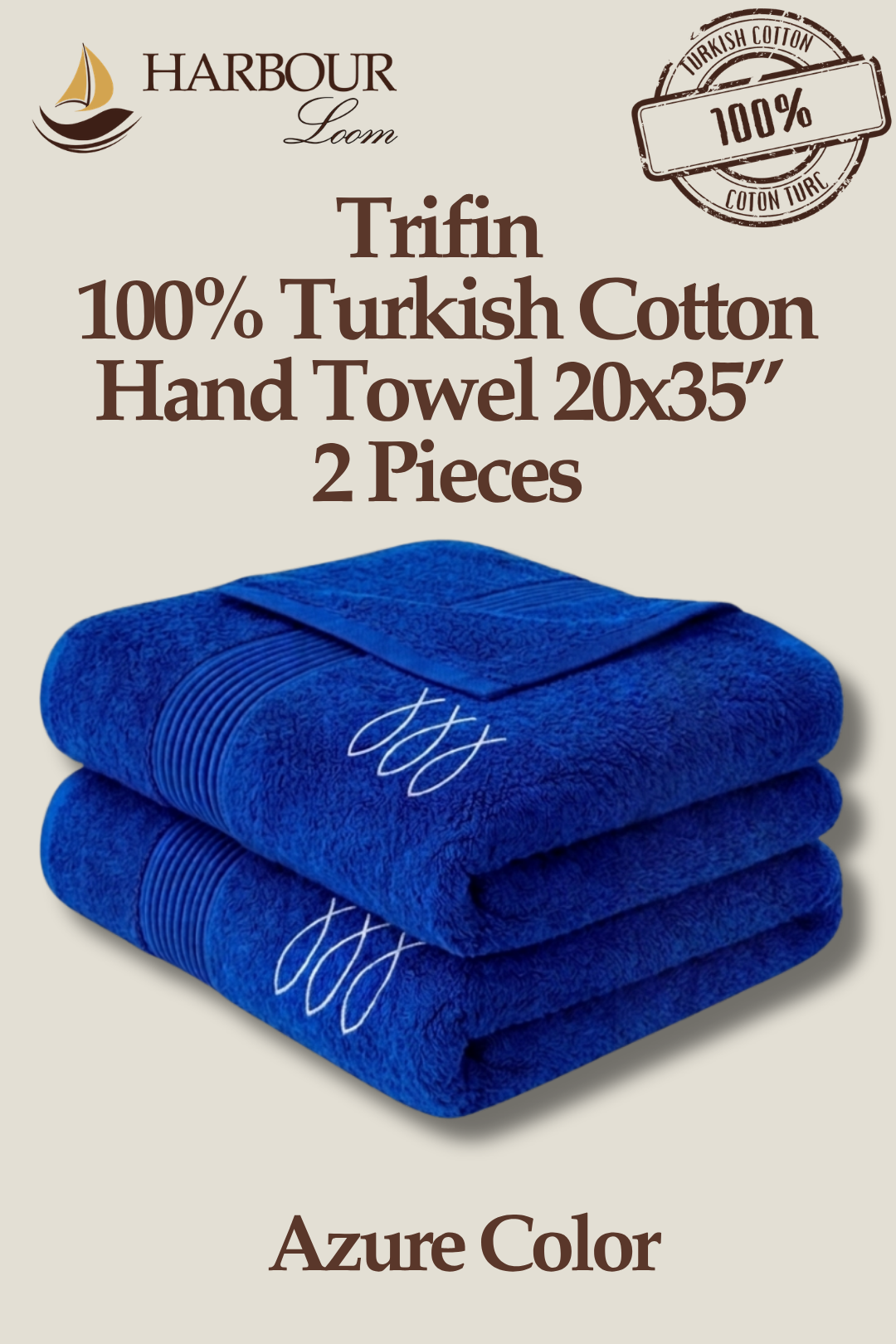 Blue hand towels with branding and product details on a beige background