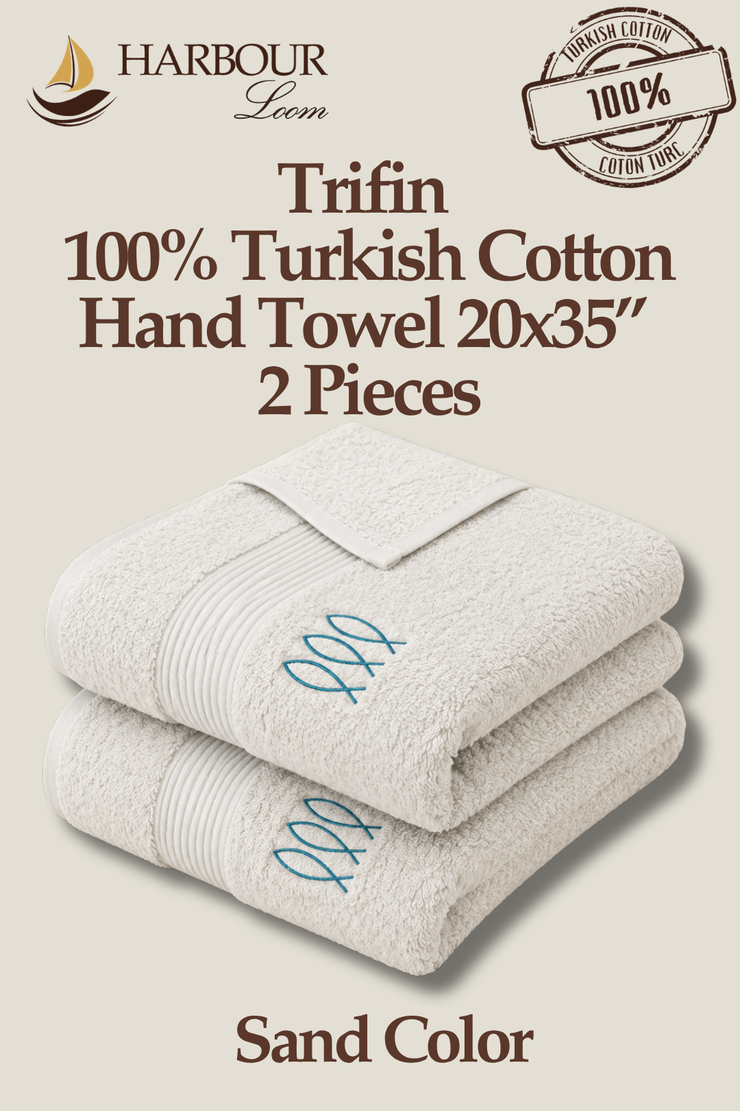 Two sand-colored hand towels with 'Harbour Loom' branding on a beige background.