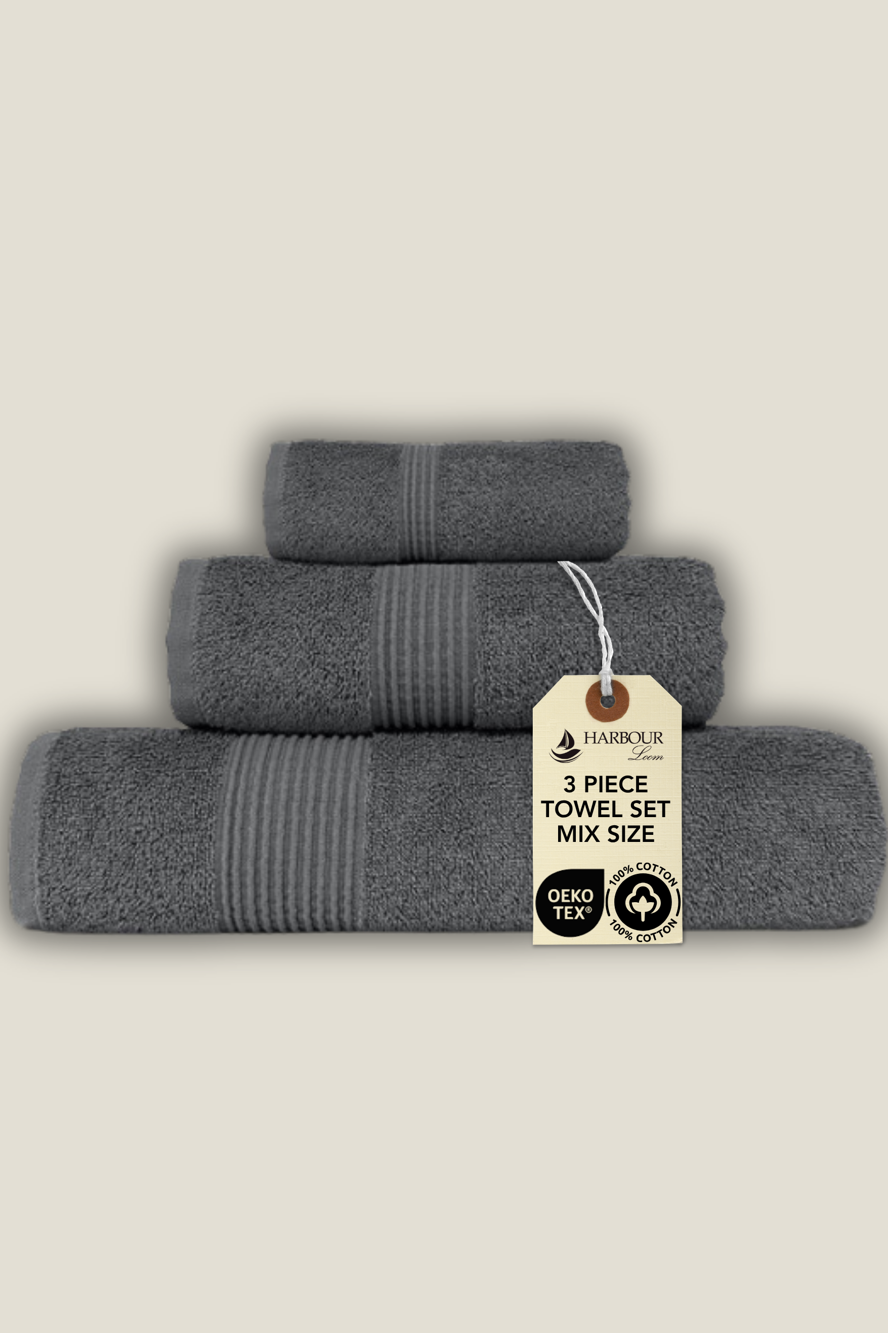 Premium charcoal grey mix-size bathroom towel bundle with ribbed border detail, 100% cotton.