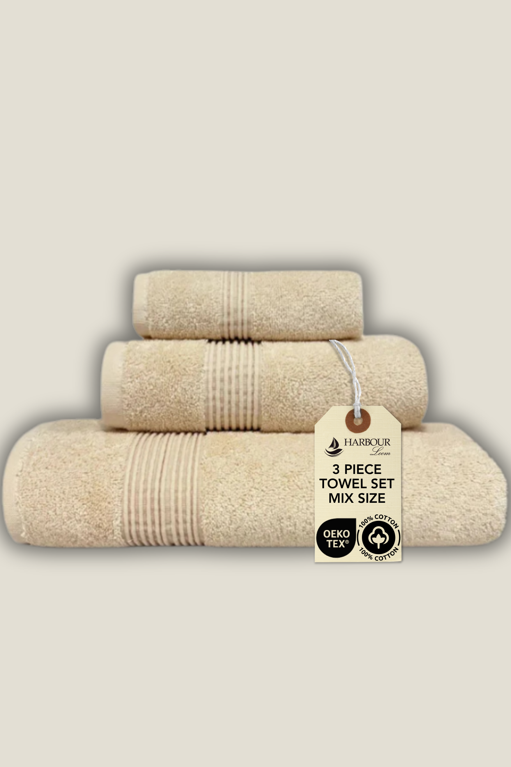 Harbourloom ivory beige 3-piece bathroom towel set, OEKO-TEX certified cotton.