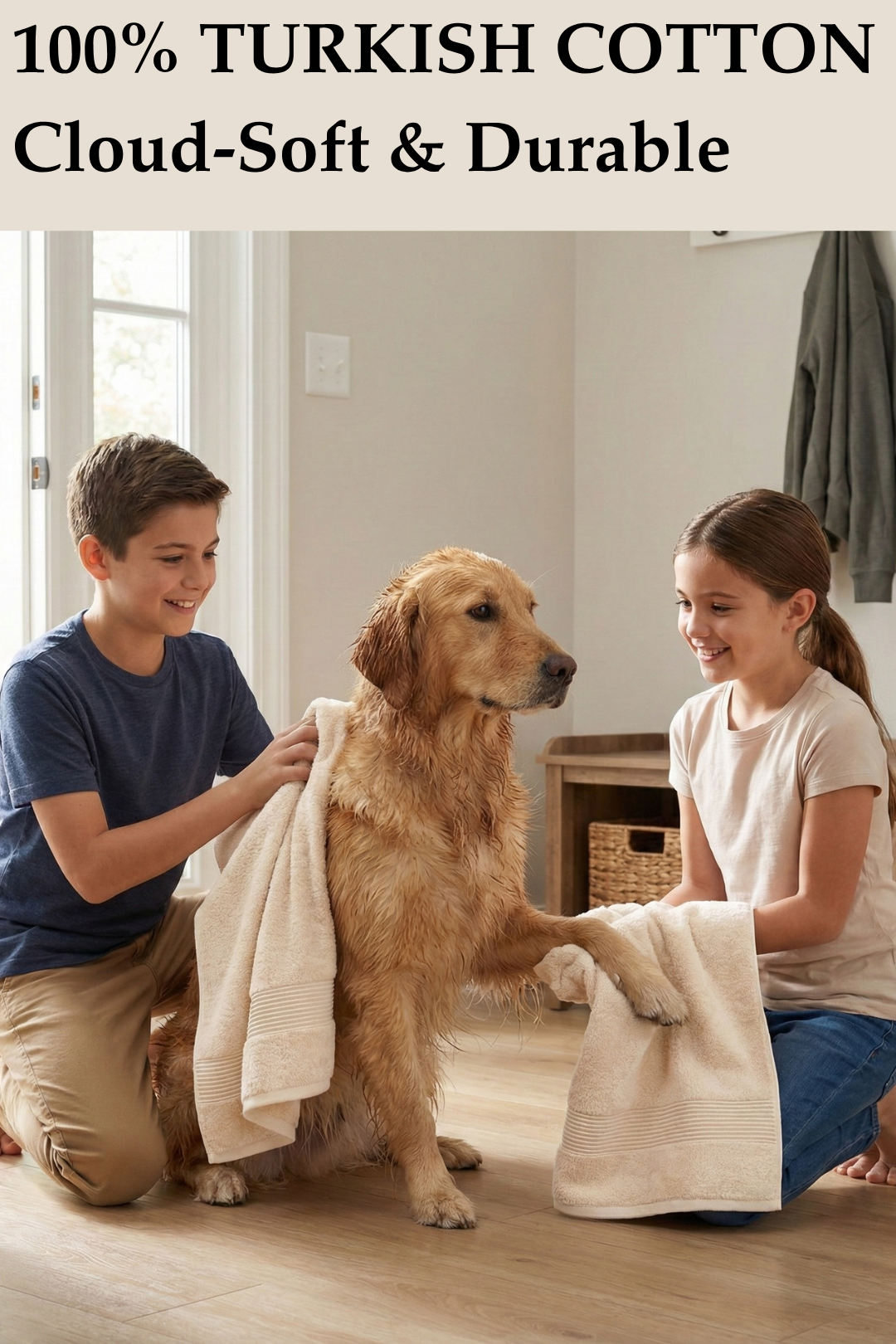 Two children using durable, cloud-soft beige Turkish cotton towels to dry off a wet Golden Retriever dog.