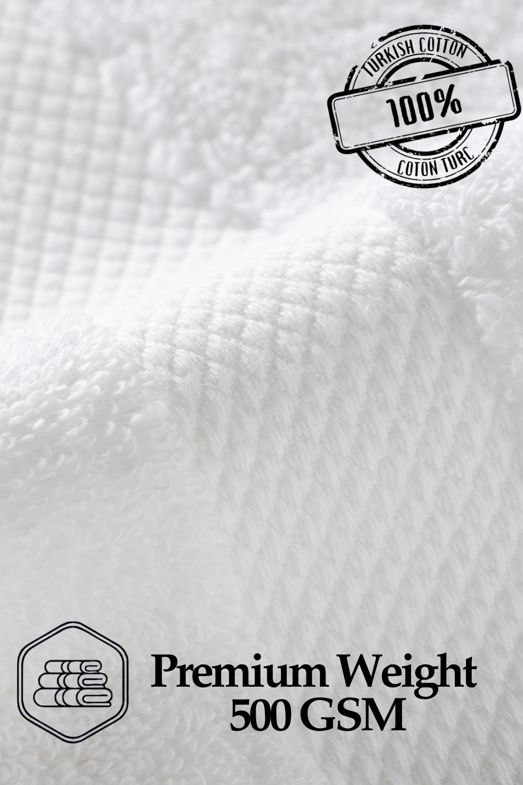 Close-up of white fabric with '100% Premium Cotton' and 'Premium Weight 500 GSM' text.