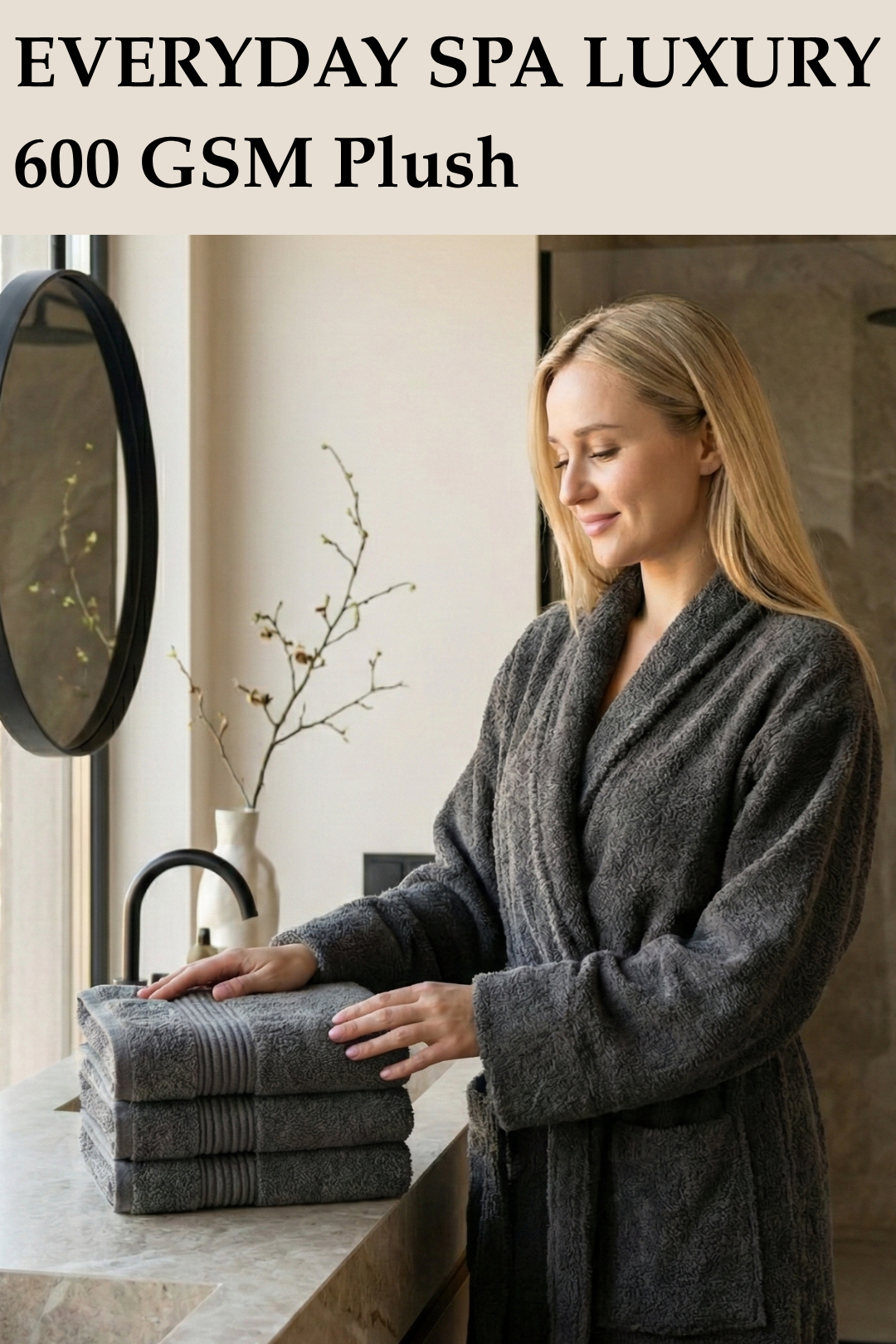 Woman in a charcoal grey bathrobe organizing a stack of thick, grey 600 GSM plush luxury towels on a marble bathroom vanity.