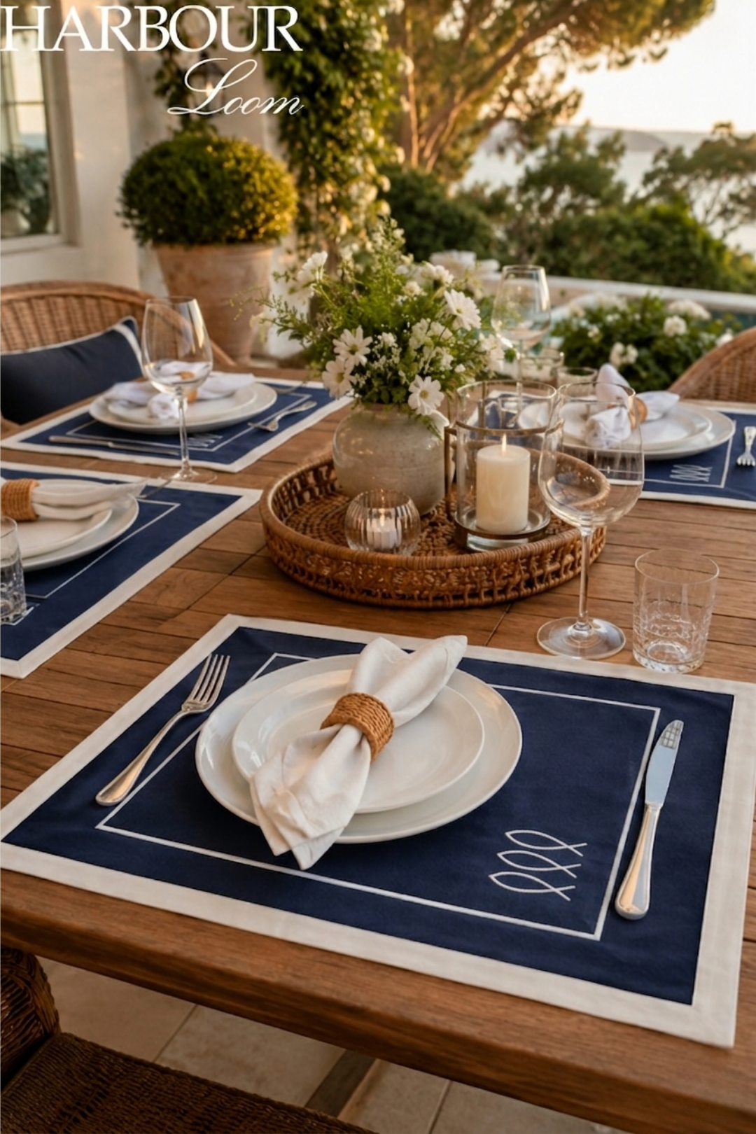 Elegant outdoor dining table setting with Harbour Leem placemats and cutlery.