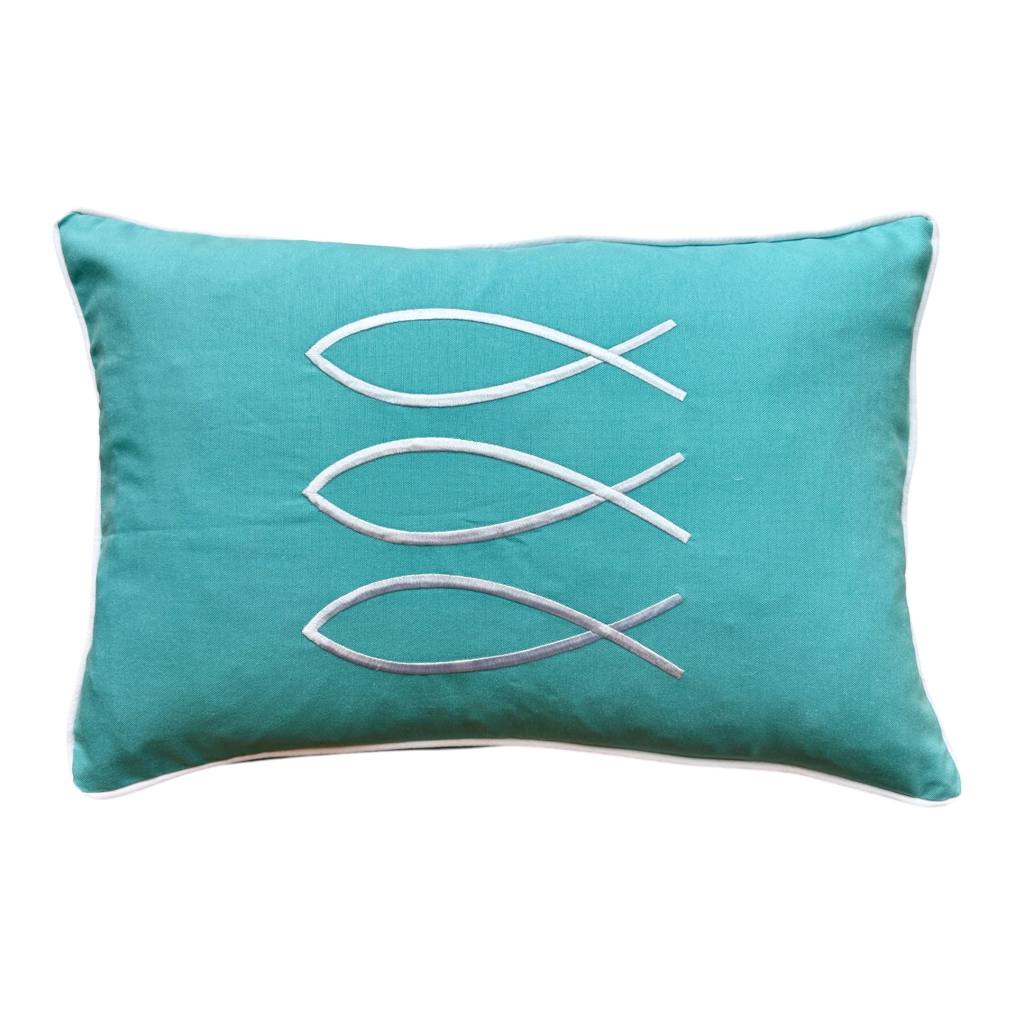 16"x24"   35x50 cm Trifin decorative pillow in Azure color,featuring three overlapping teal fish-shaped embroidery designs on a rectangular beige fabric.