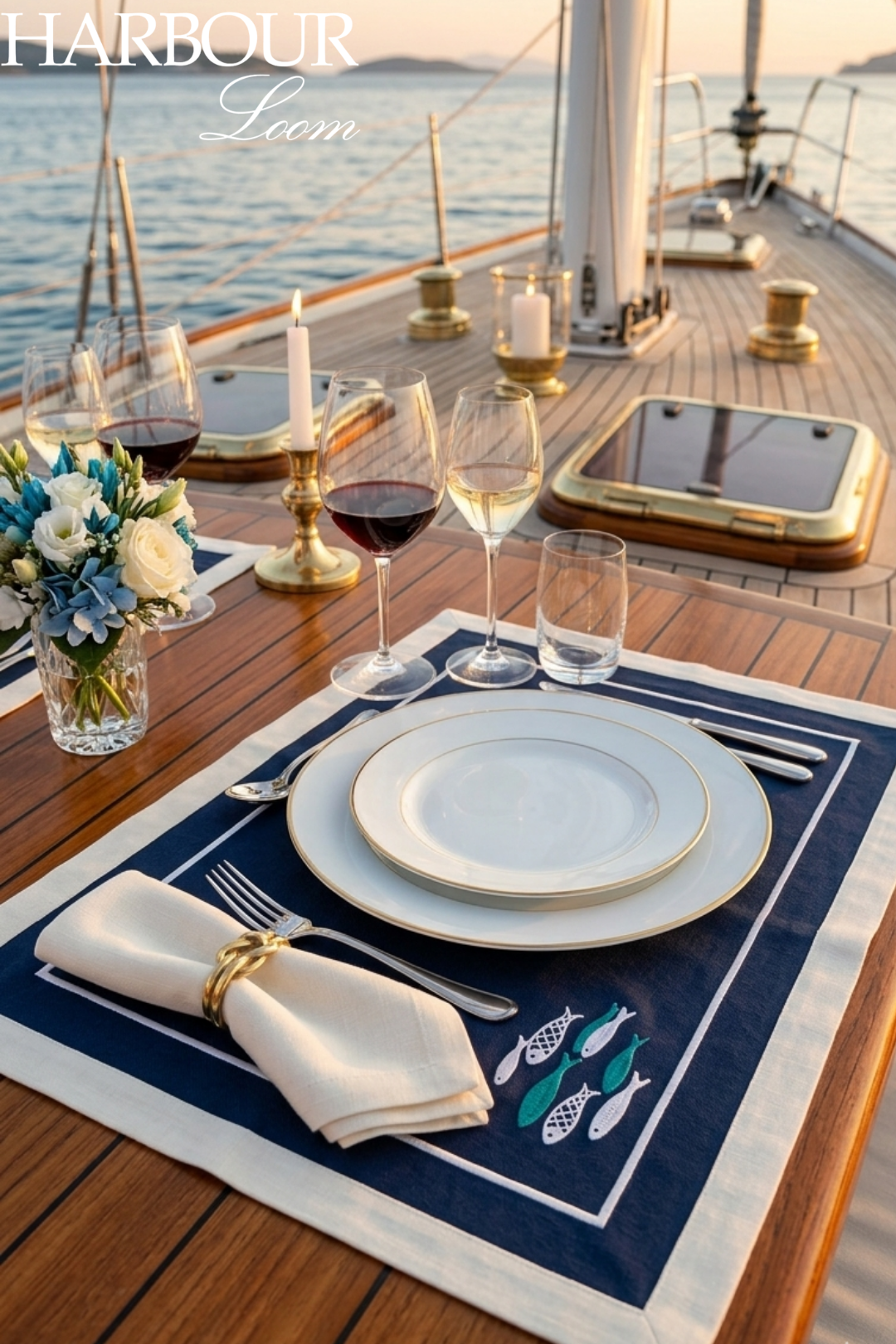Dining setup on a yacht with plates, glasses, and cutlery on a wooden deck.