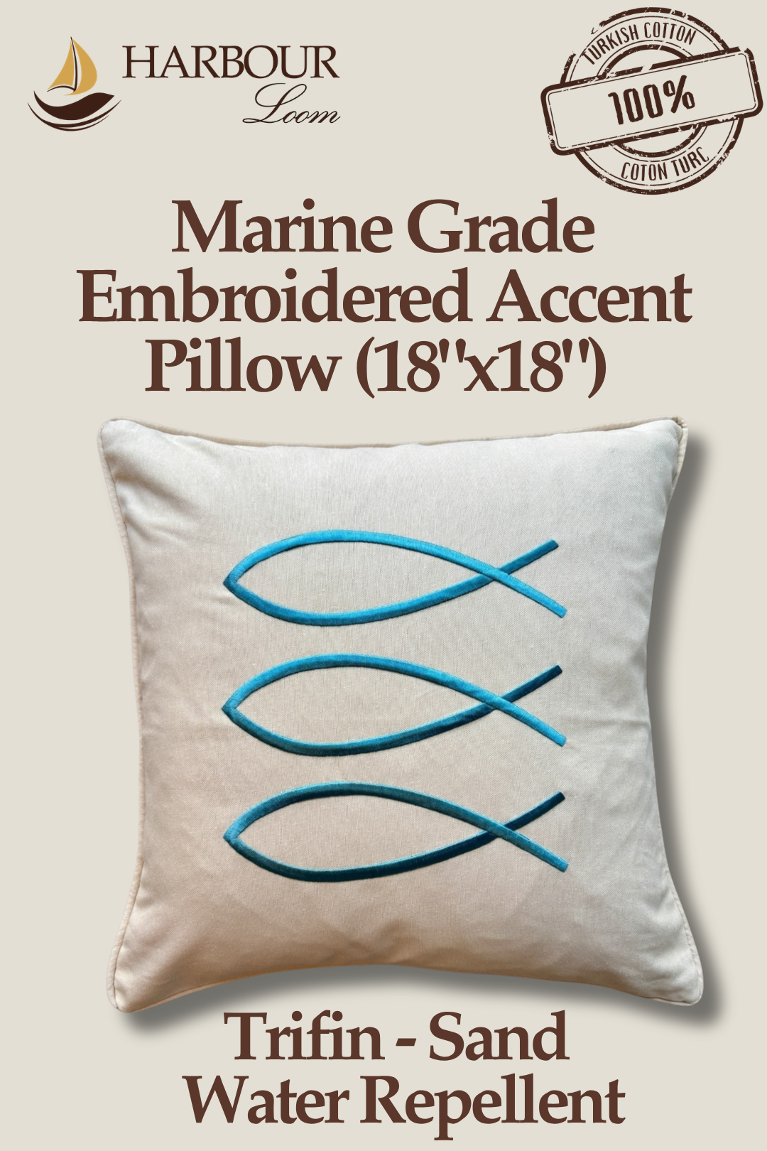 Harbour Loom 18x18 Trifin Sand marine grade embroidered accent pillow featuring a minimalist turquoise fish design, perfect for cottage life patio seating.