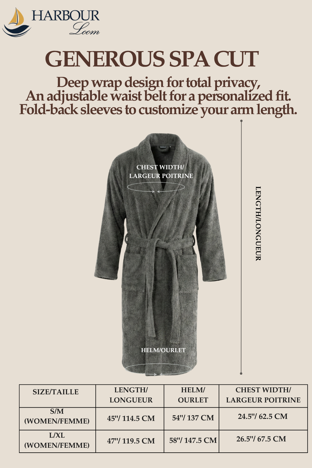 Gray robe with measurements and text on a beige background