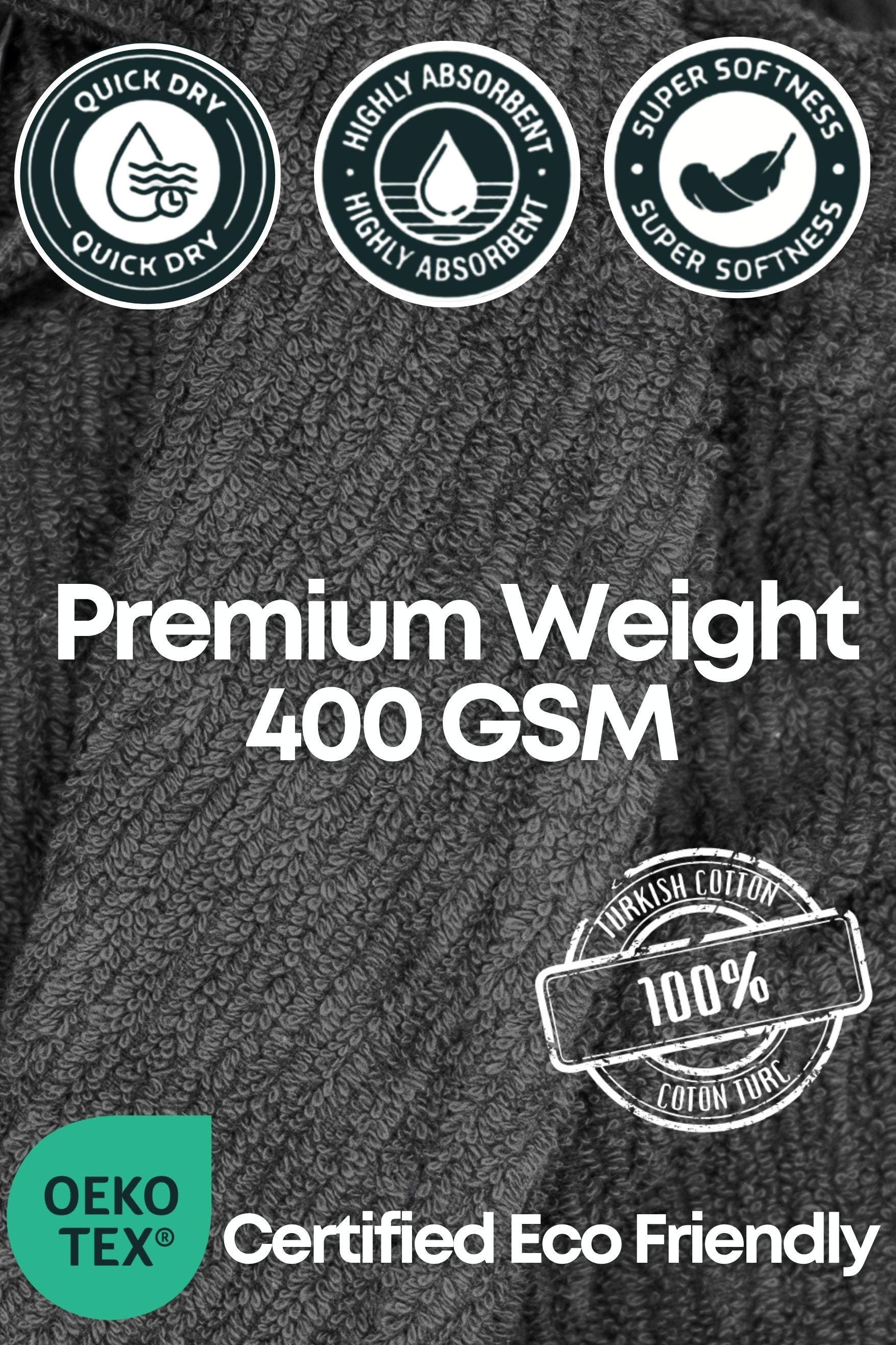 Charcoal grey ribbed bathrobe specs showing 400 GSM density and 100 percent Turkish cotton authenticity stamp.