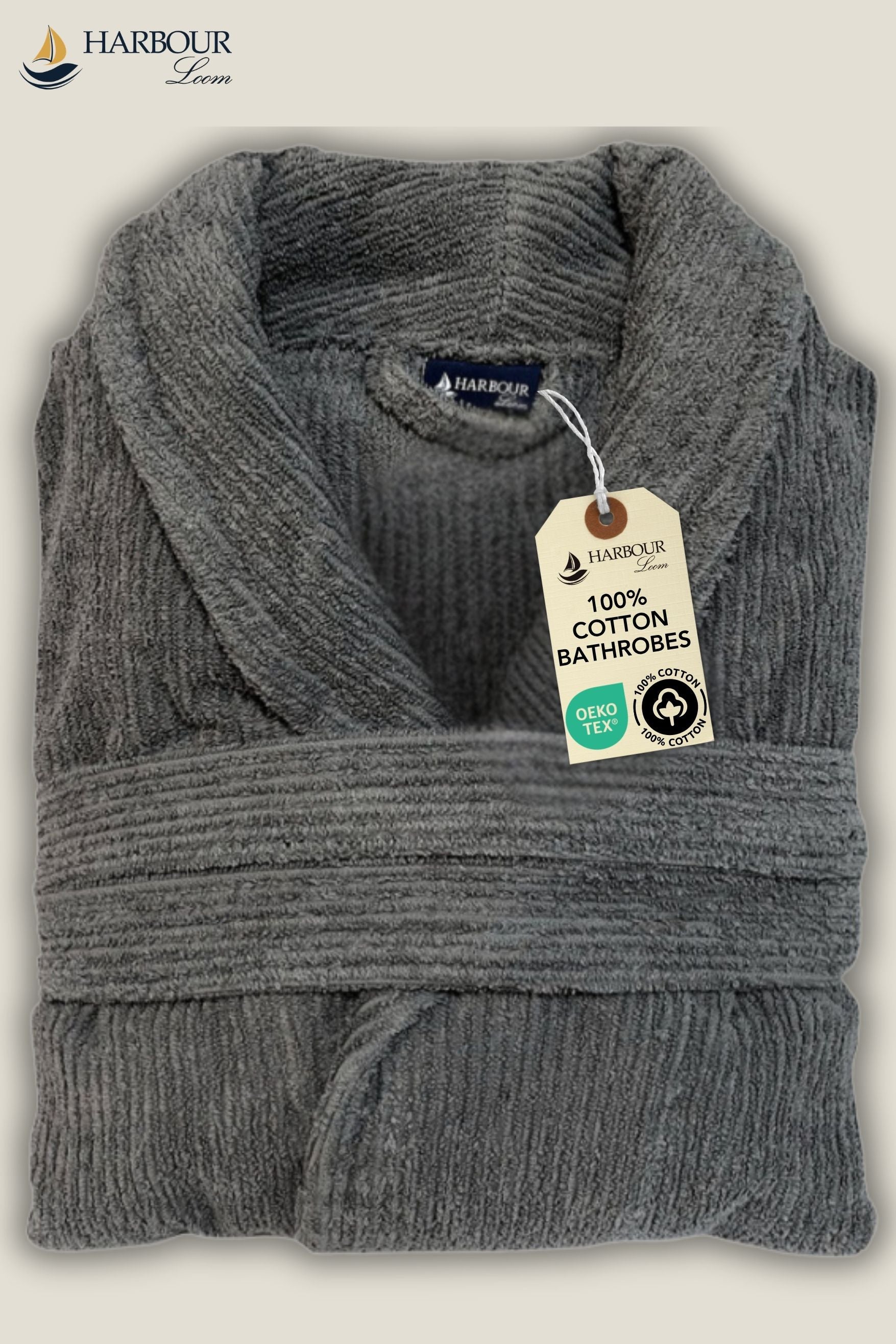 Premium charcoal grey ribbed cotton bathrobe folded with Harbour Loom branding and eco-friendly tag.