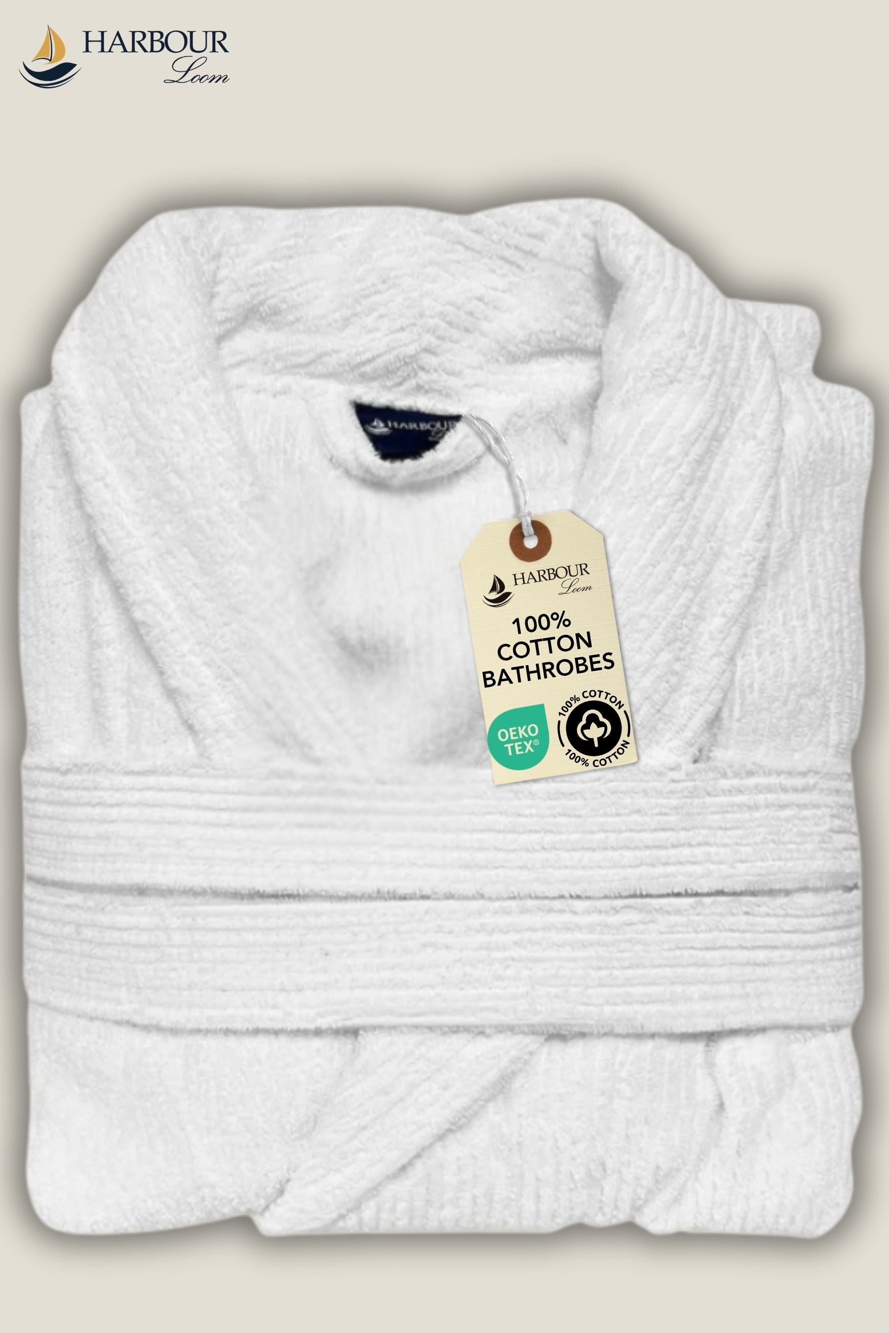 Luxury white 100 percent cotton bathrobe featuring a soft ribbed texture and Harbourloom authenticity tag.