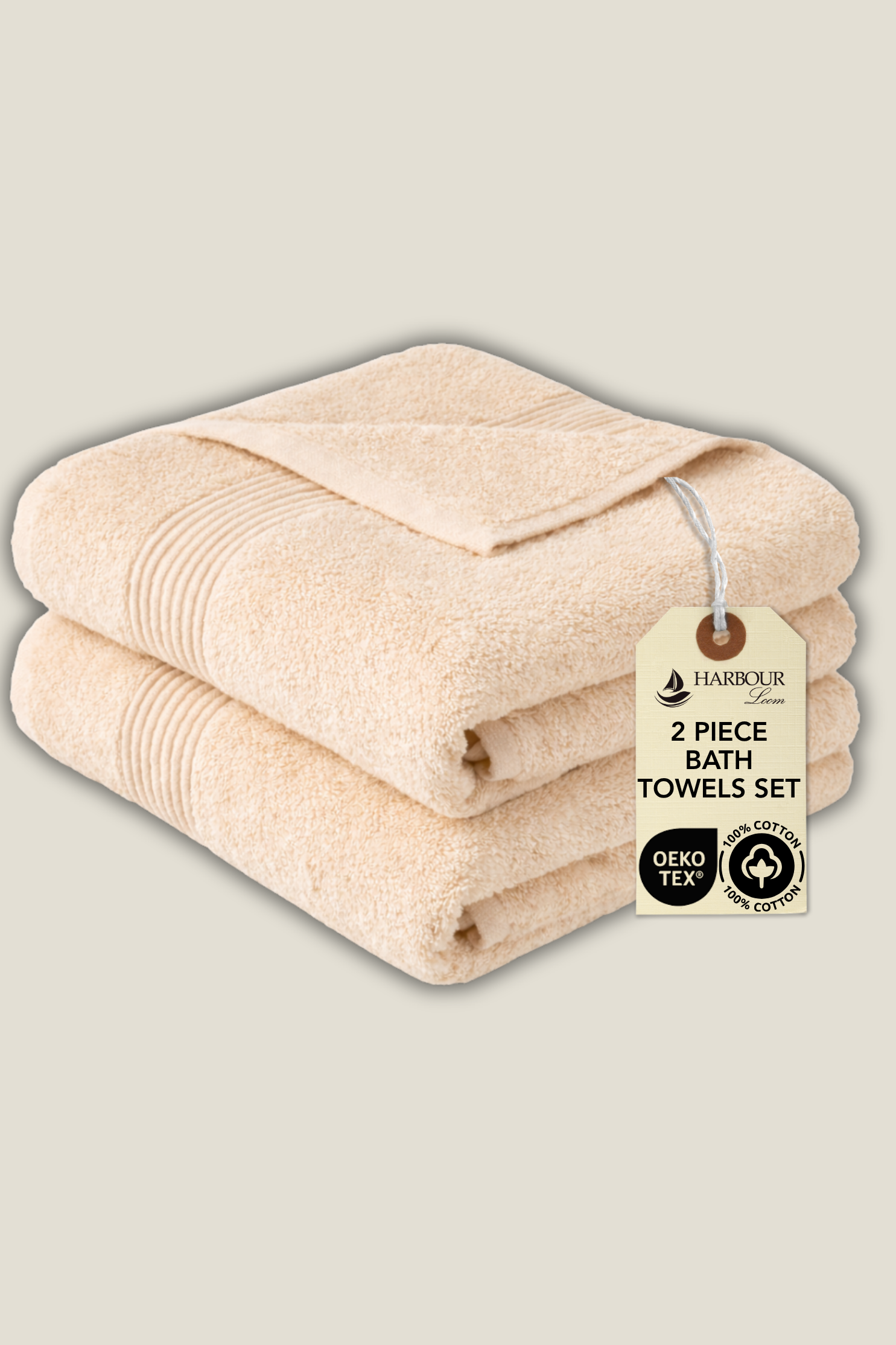 Luxury cream Turkish cotton bath towel 2-pack, OEKO-TEX certified absorbent cotton towels for spa-like feel.
