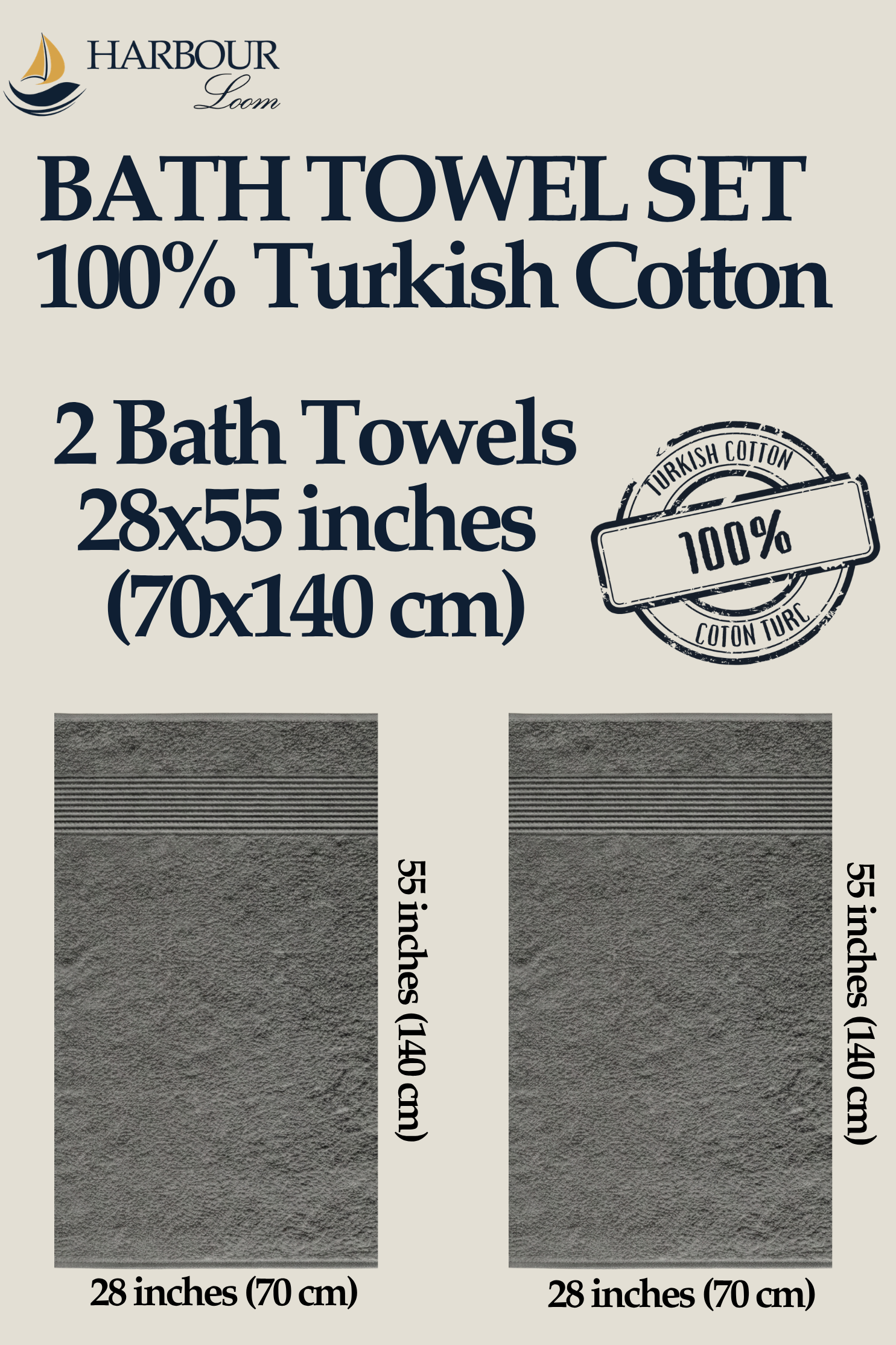 Soft grey 100% Turkish cotton bath towel bundle, set of 2 large towels 70x140 cm.