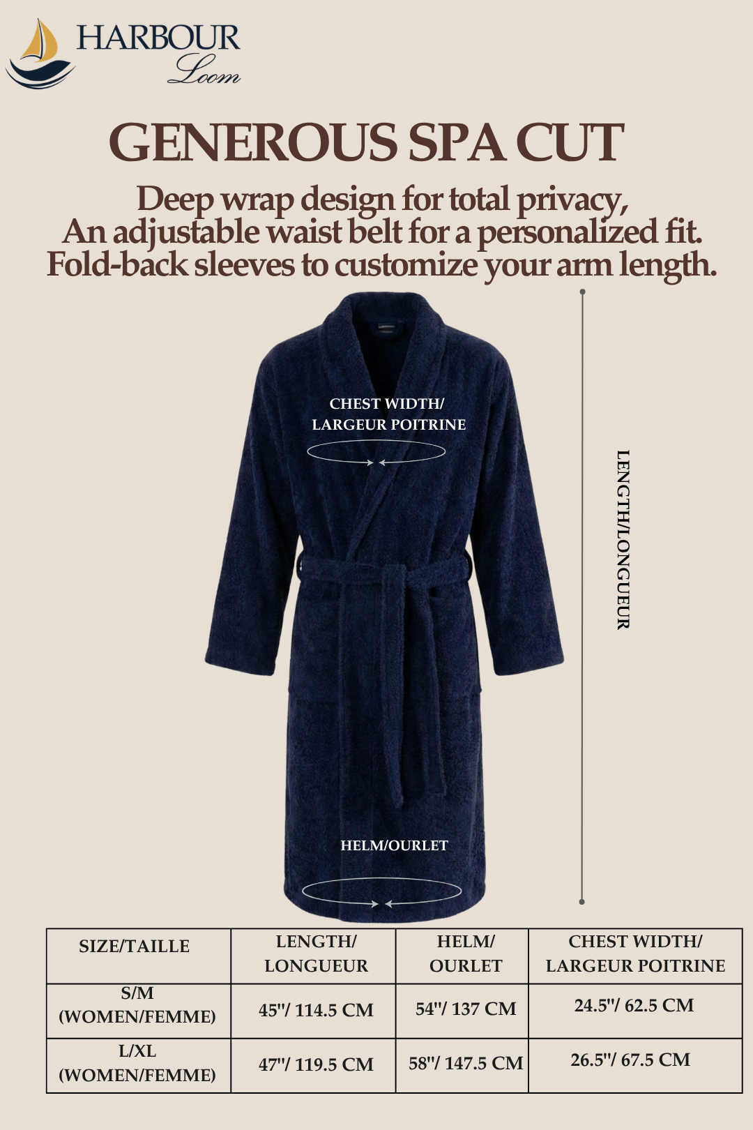 Navy robe with measurements and text on a beige background