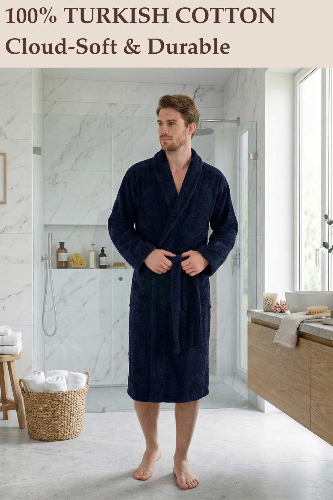 Man wearing a navy blue robe in a bathroom setting with text about Turkish cotton.