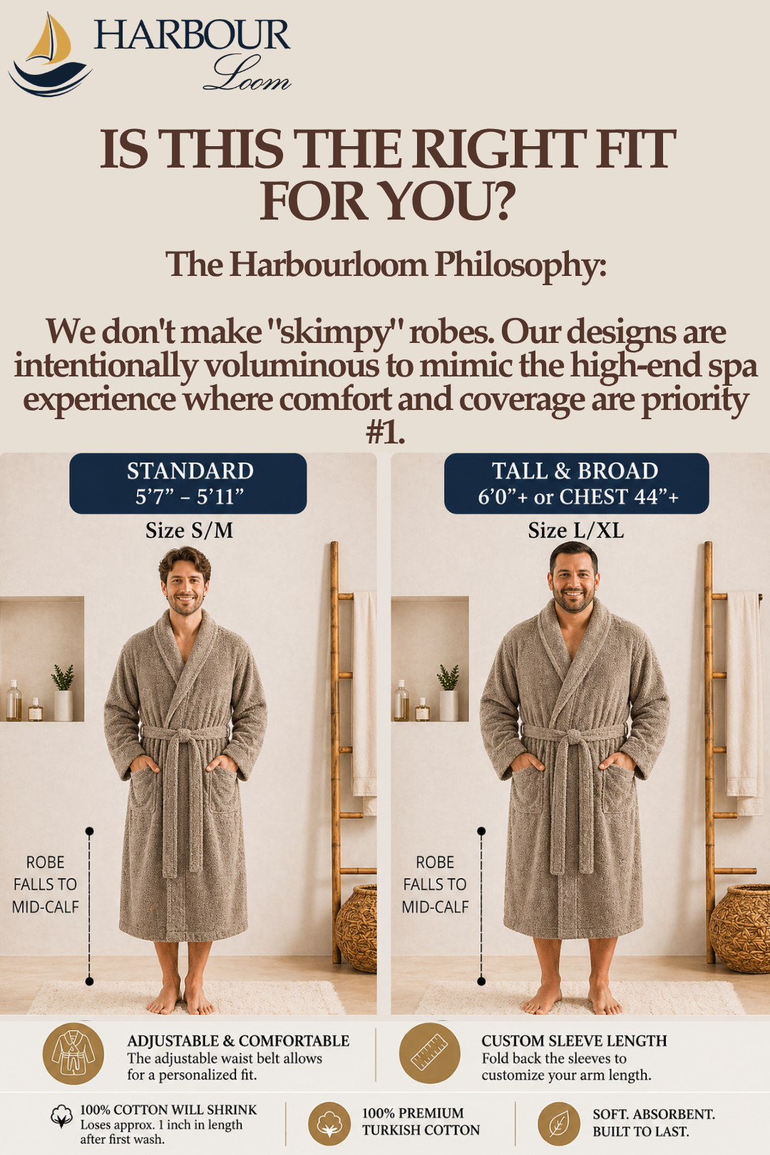 Sizing comparison guide explaining the Harbour Loom voluminous spa robe fit, showcasing a standard fit for sizes 5'7" to 5'11" in S/M and a tall and broad fit for 6'0"+ in L/XL