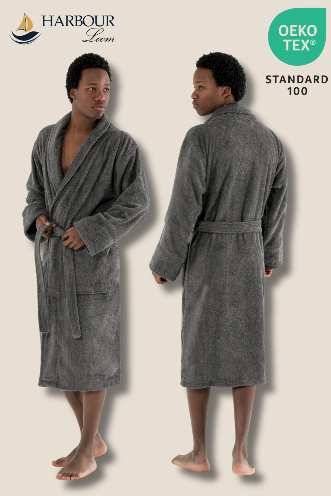 Side and back view of the Harbour Loom luxury mens bathrobe in silver grey, showcasing the deep wrap design and full coverage. Includes a green Oeko-Tex Standard 100 certified badge for skin safety.