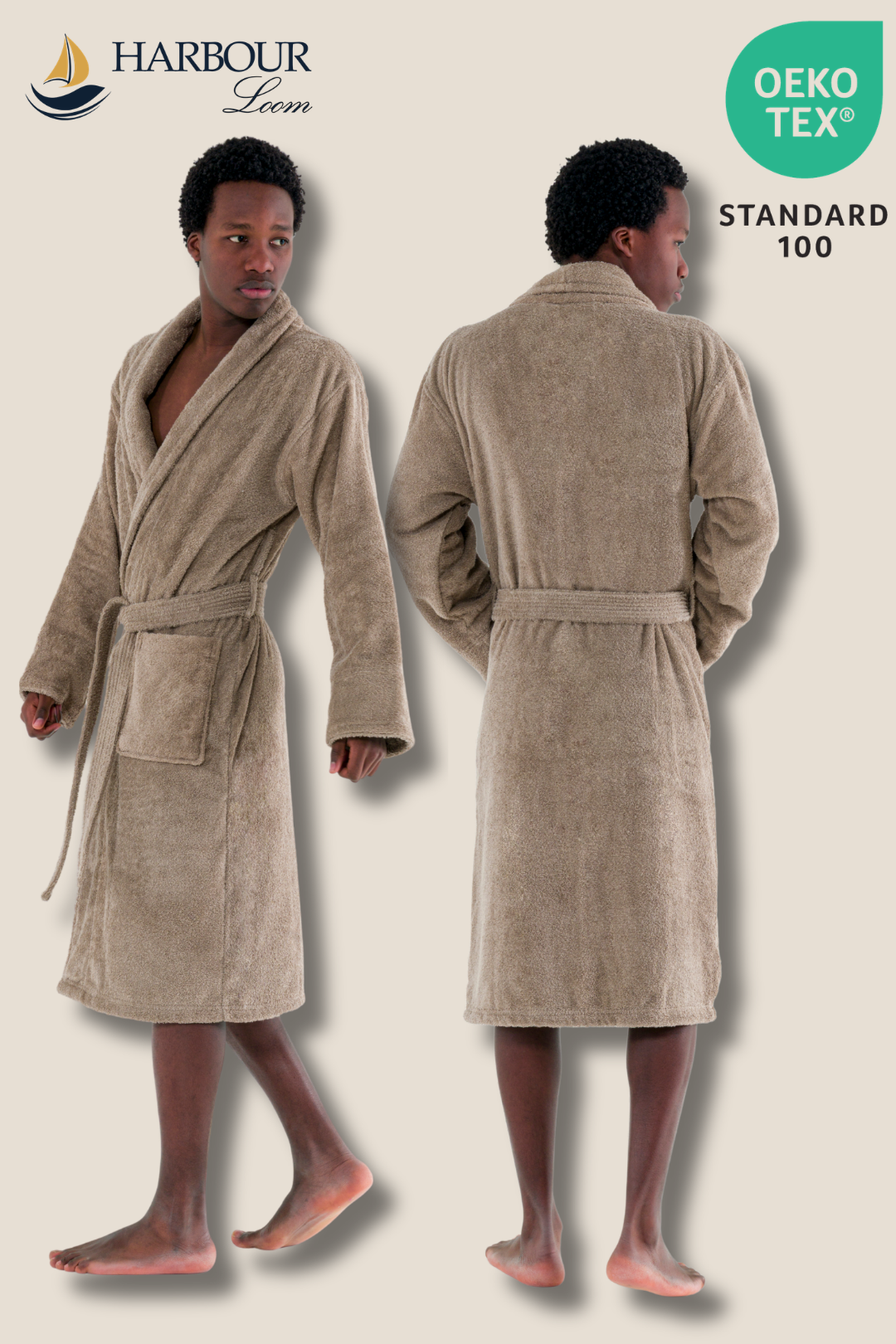 Side and back view of the Harbour Loom luxury mens bathrobe in taupe brown, showcasing the deep wrap design and full coverage. Includes a green Oeko-Tex Standard 100 certified badge for skin safety.