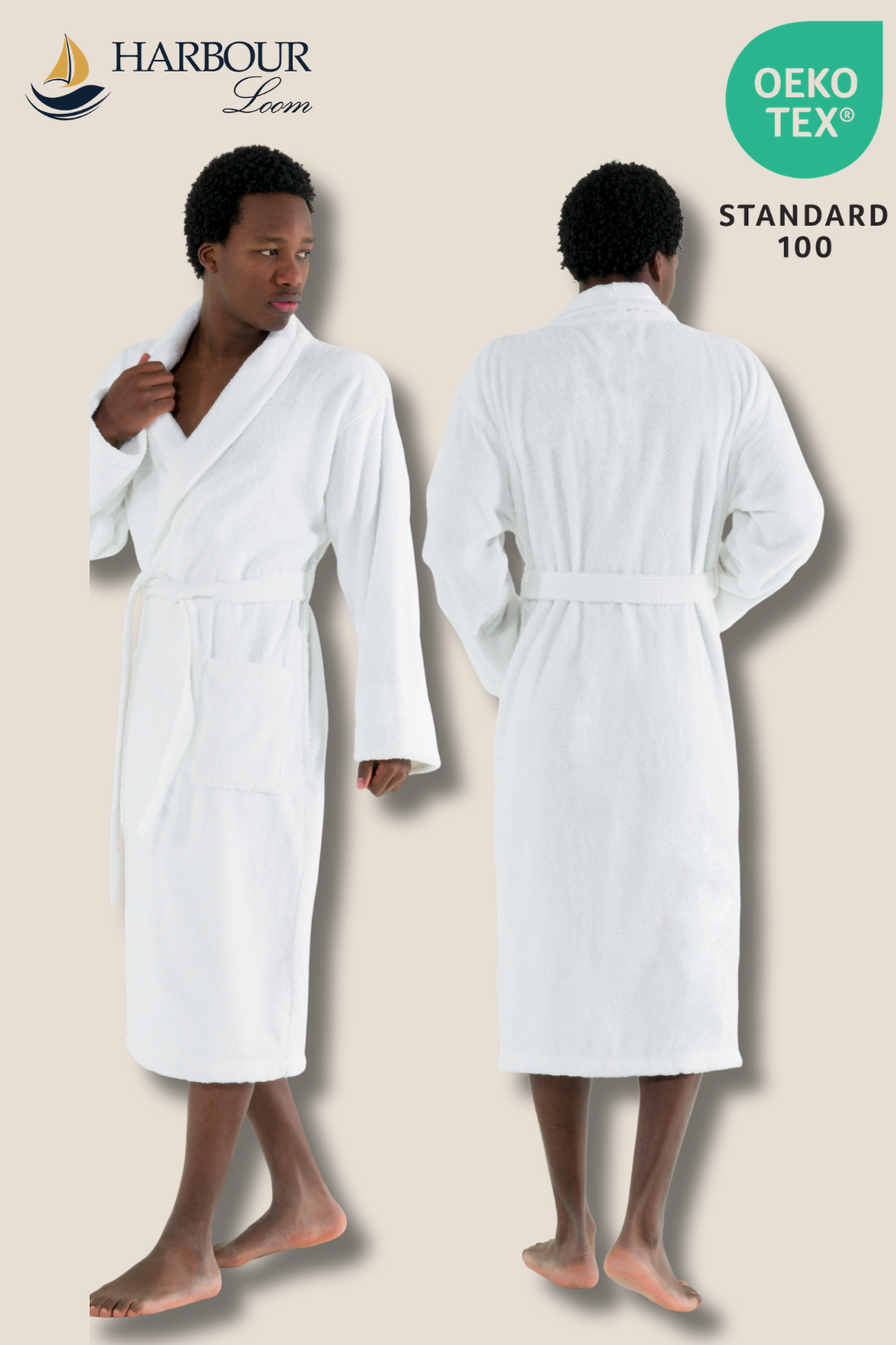 Side and back view of the Harbour Loom luxury mens bathrobe in classic white, showcasing the deep wrap design and full coverage. Includes a green Oeko-Tex Standard 100 certified badge for skin safety