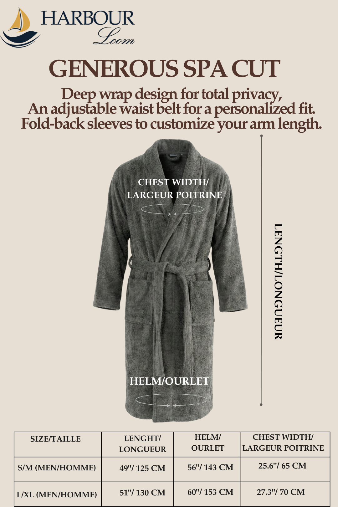 Sizing chart and dimension guide for the Harbour Loom silver grey mens spa robe, showing measurements for length, helm, and chest width for sizes Small/Medium and Large/X-Large