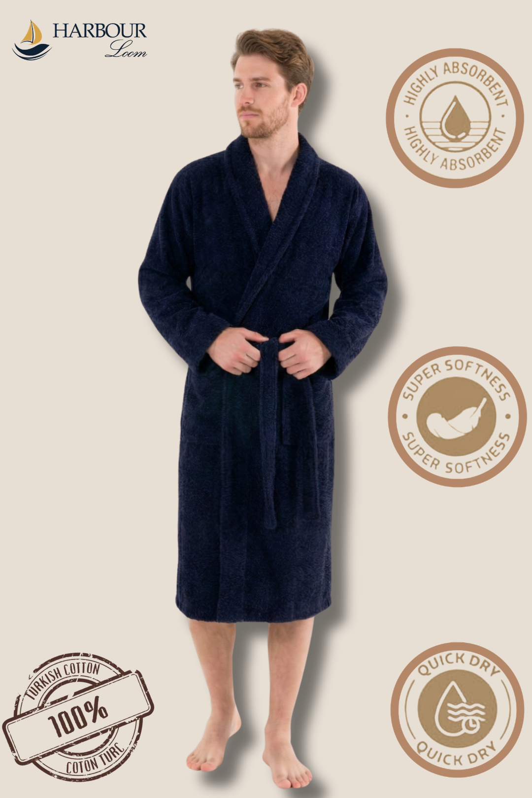Man wearing a navy blue robe with branding and product features on a beige background