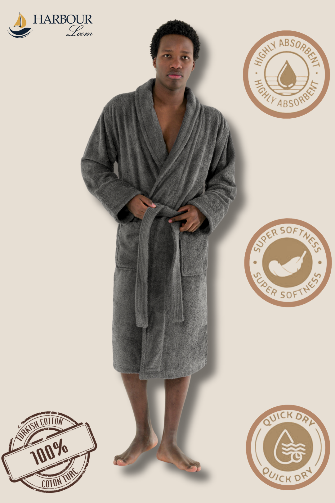 Man wearing a gray robe with branding and product features on a beige background