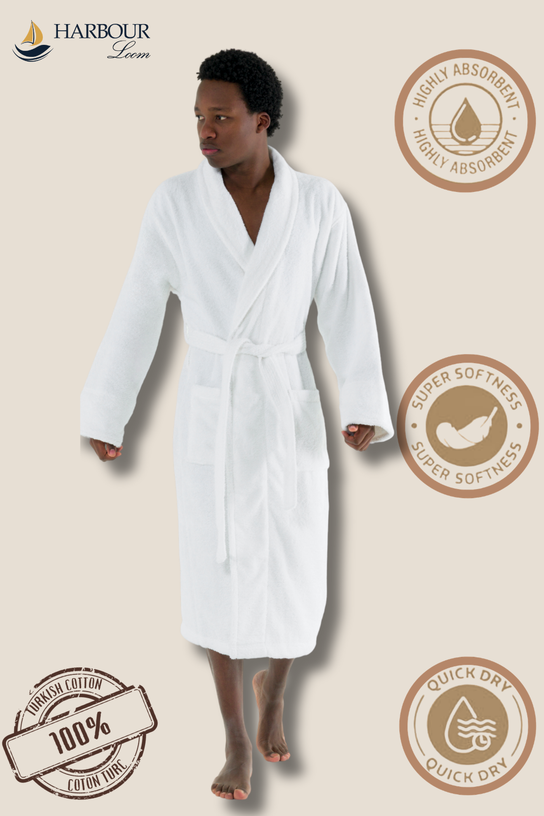 A man wearing a premium Harbour Loom white 100% Turkish cotton spa bathrobe featuring front pockets and an adjustable waist belt. Graphic badges highlight highly absorbent, super softness, and quick dry features.