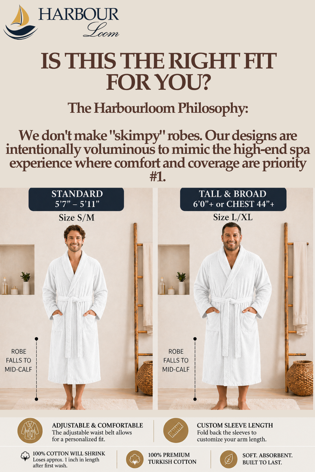 Sizing comparison guide explaining the Harbour Loom voluminous spa robe fit, showcasing a standard fit in size S/M and a tall and broad fit in size L/XL using a plush white bathrob