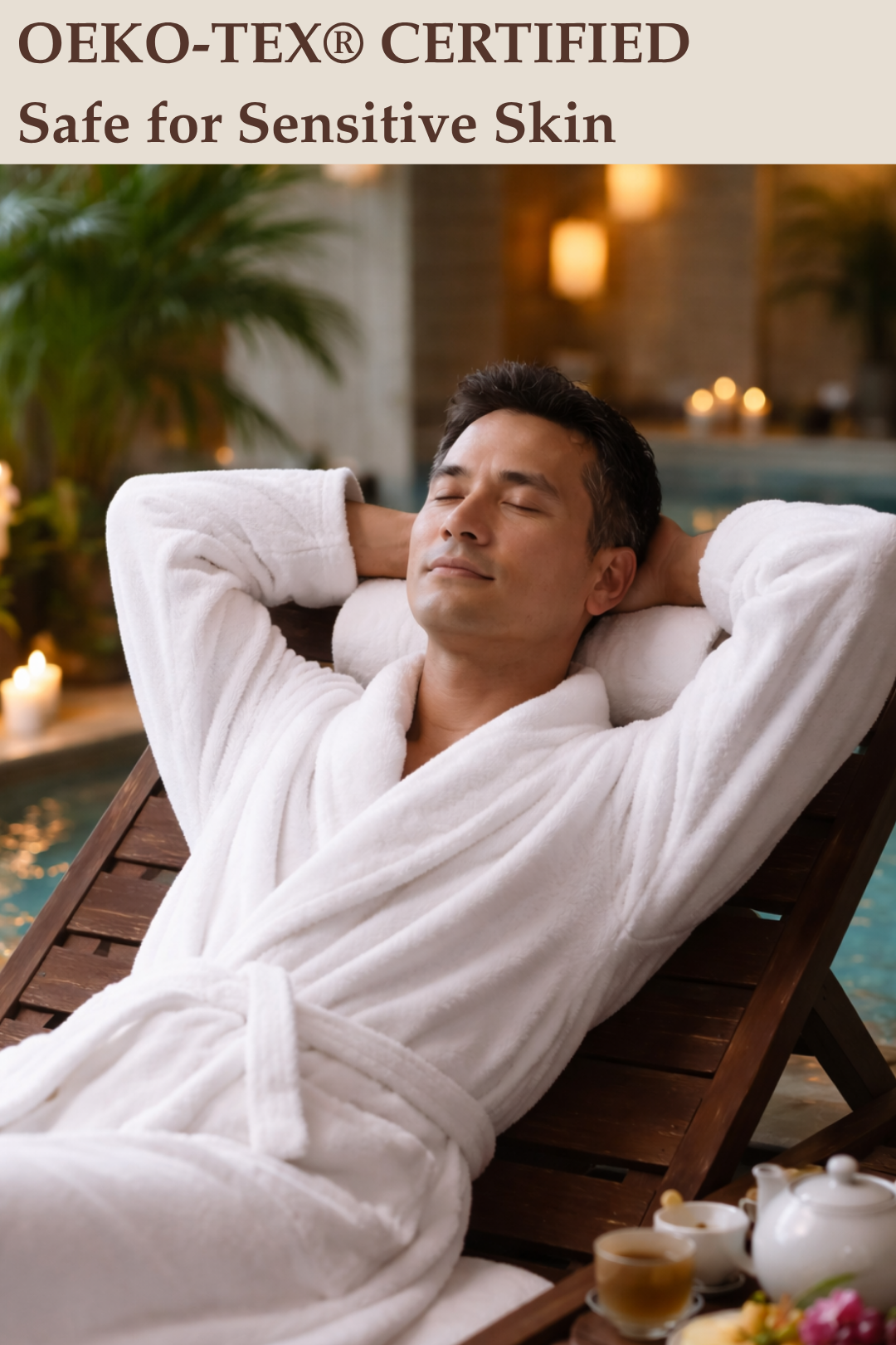 A man relaxing with his eyes closed on a lounge chair next to an indoor pool, wrapped in a comfortable white Harbour Loom Turkish cotton bathrobe that is safe for sensitive skin