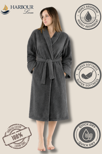 Harbour Loom Mood Series Relaxed Fit Women's Bathrobe Silver Grey 100% Turkish Cotton Terry Cloth Spa Hotel Quality Soft Absorbent Housecoat Luxury Gift| 1 Piece