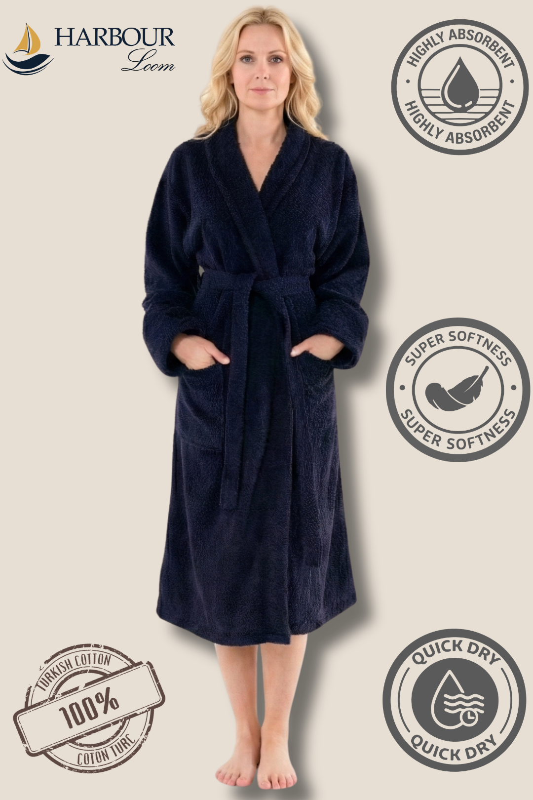 Front view of a woman wearing a Harbour Loom navy blue 100% Turkish cotton terry cloth bathrobe featuring a tie waist belt and deep pockets