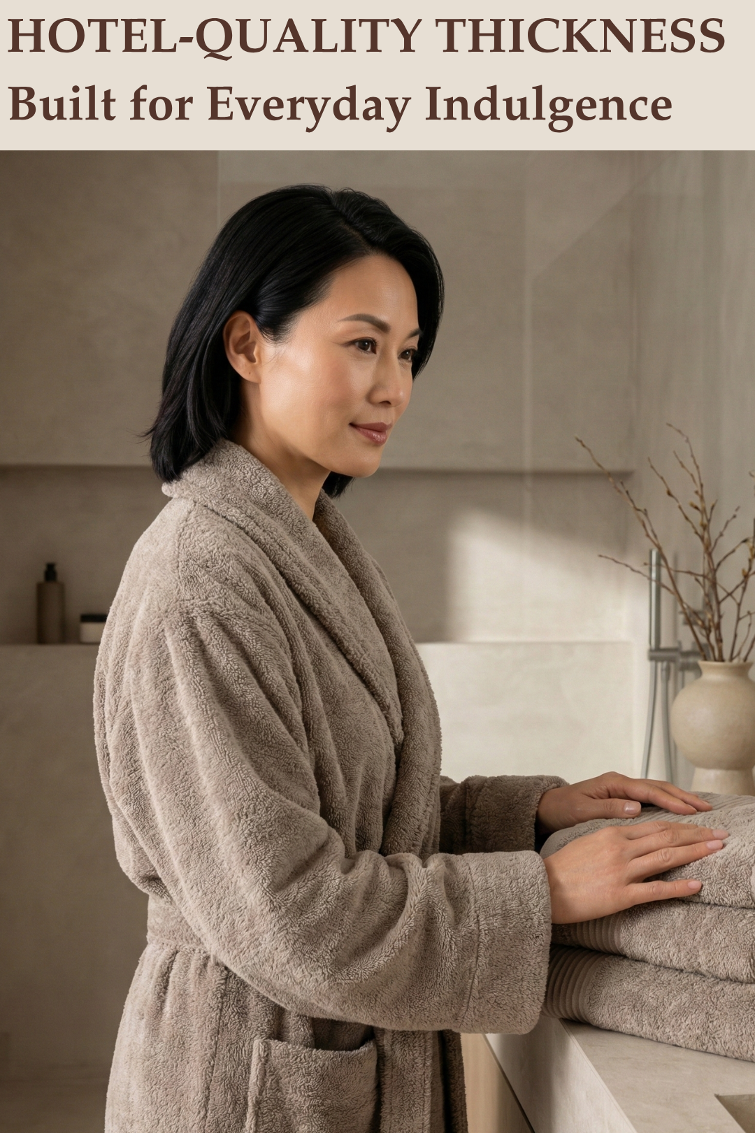 Woman in a taupe brown robe holding folded towels in a bathroom setting with text about hotel-quality thickness.
