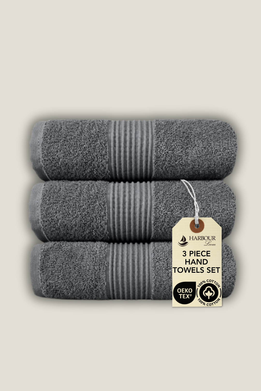 Harbourloom charcoal grey hand towel 3-pack, eco-friendly 100% Turkish cotton, perfect for master bathrooms or gyms.