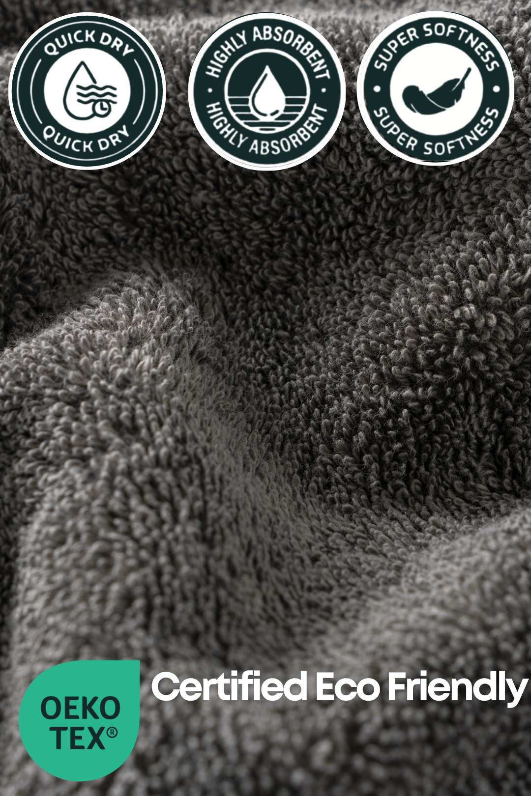 Detailed view of Harbourloom charcoal grey cotton towel fibers highlighting the quick-dry and super-softness features with certified eco-friendly labels.