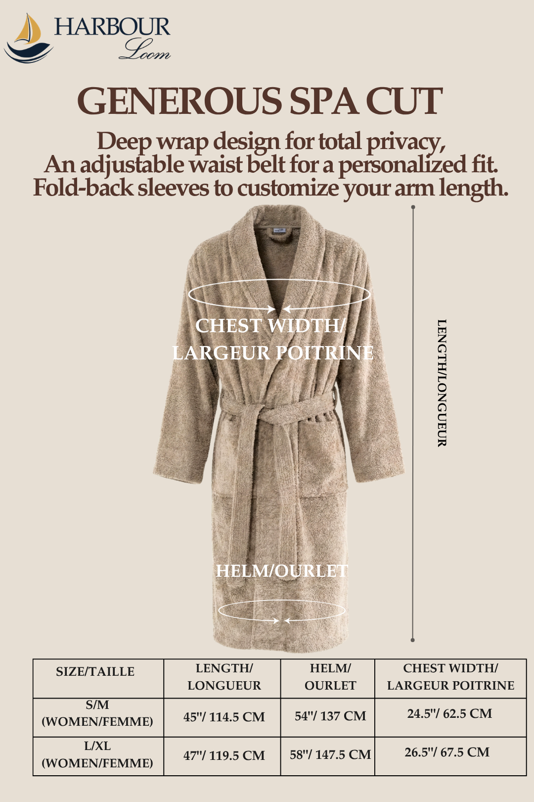 Beige robe with measurement chart and text about design features and sizing.
