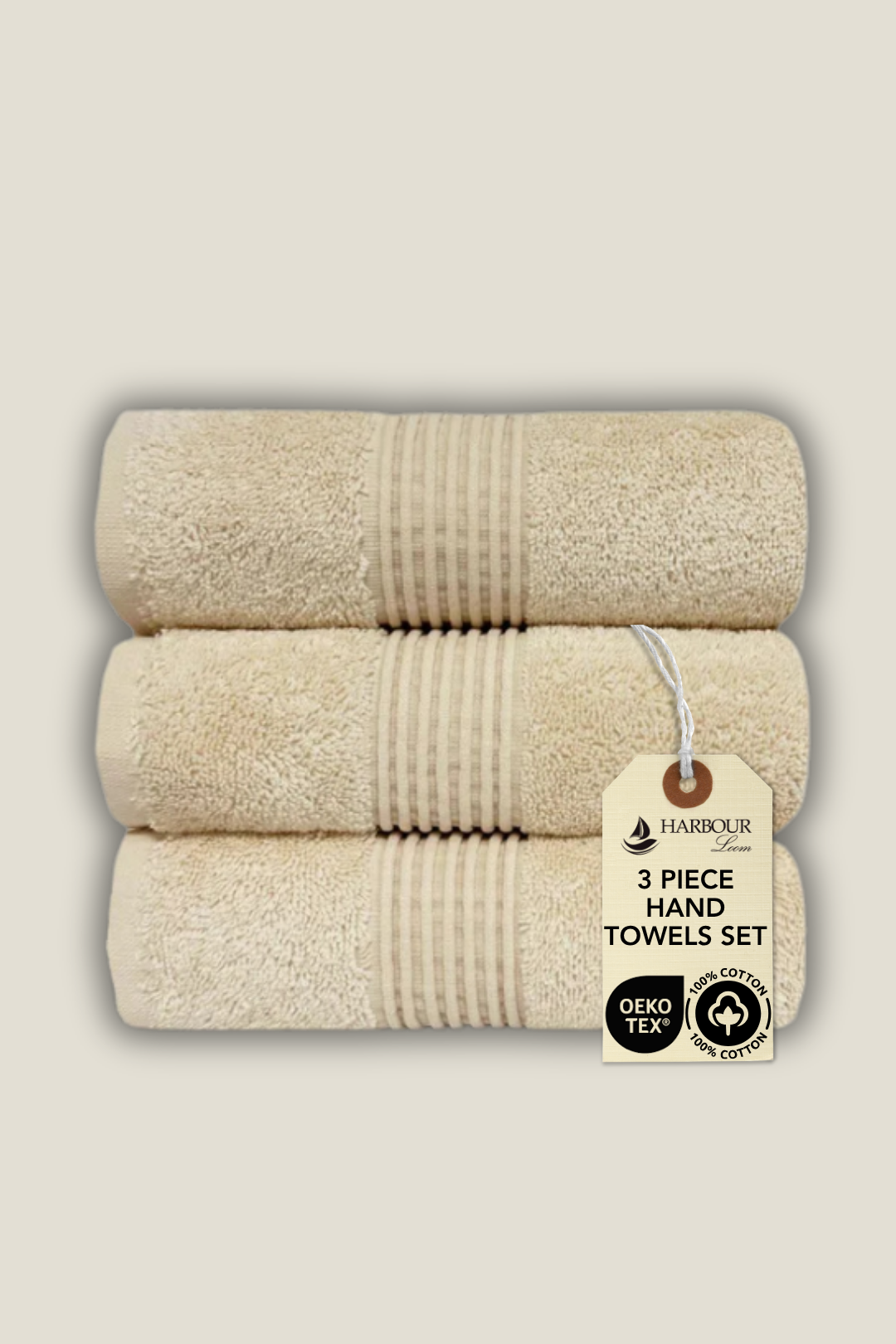 Premium ivory beige hand towel trio pack, 100% Turkish cotton with ribbed dobby border, soft and durable
