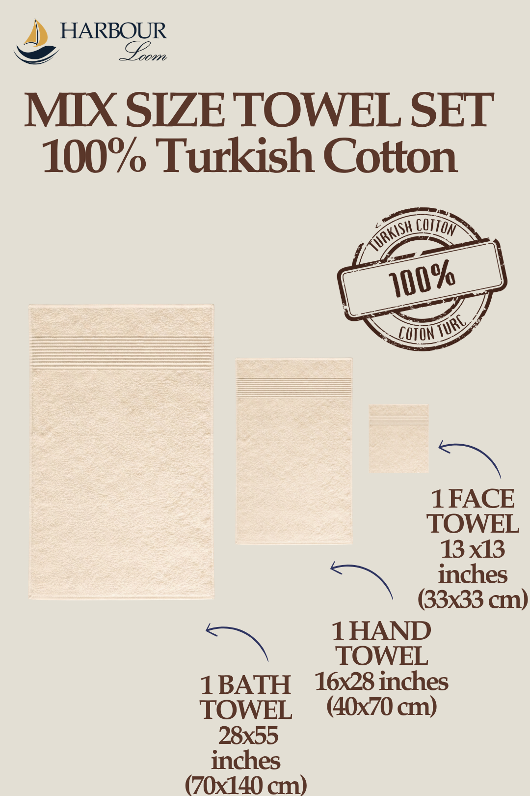 Infographic for Harbourloom ivory beige mix-size towel set made of 100% Turkish cotton with metric and imperial measurements.