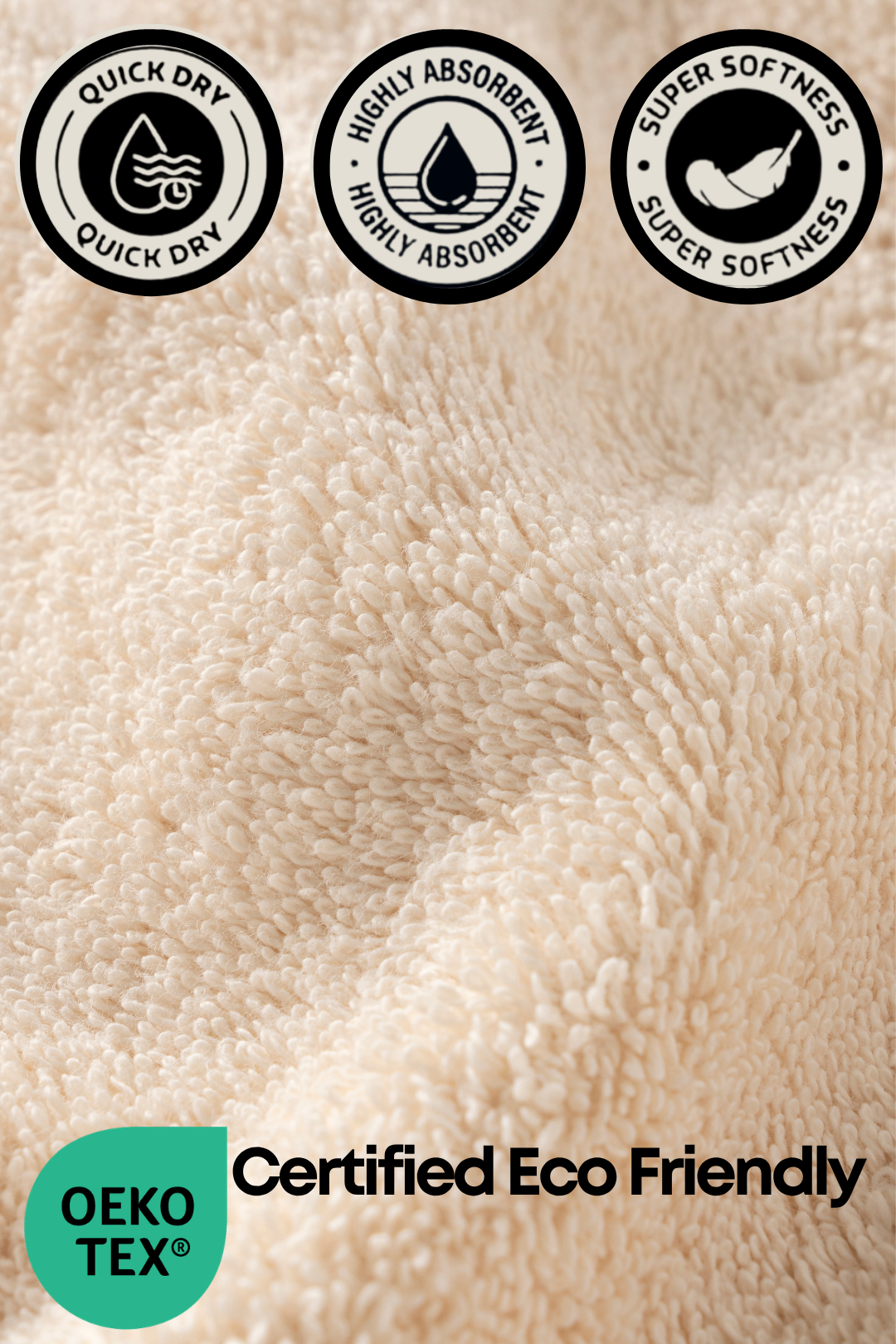 Macro view of Harbourloom ivory beige Turkish cotton towel fabric with icons for softness and absorbency, labeled as certified eco-friendly.