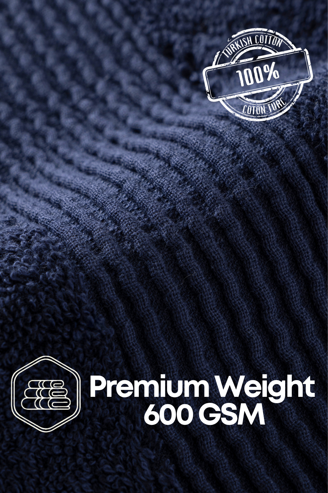 Harbourloom 3-piece navy blue bathroom towel set bundle featuring a matching bath towel, hand towel, and face towel with a ribbed dobby border.