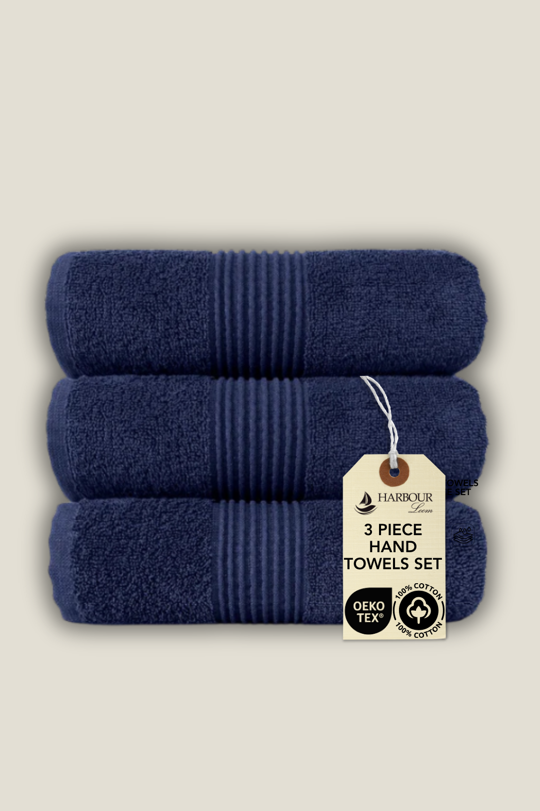 Set of 3 navy blue hand towels by Harbourloom, 100% Turkish cotton, high absorbency and quick-dry for guest bathrooms.