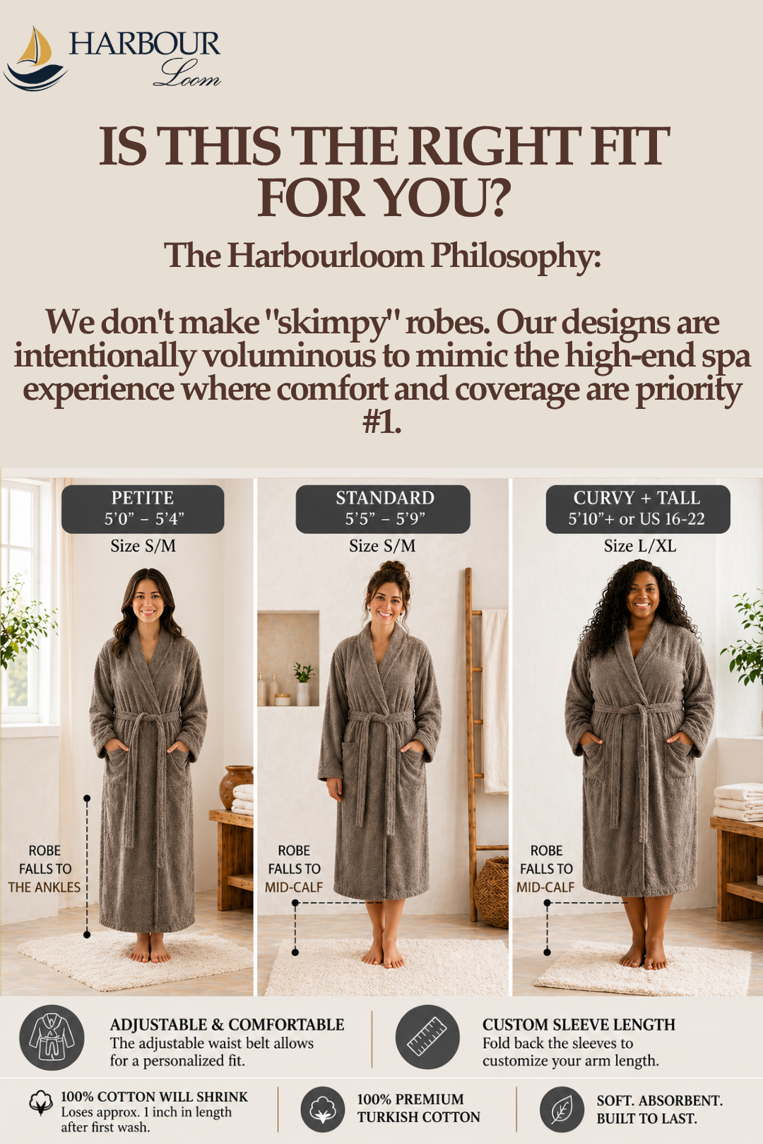Harbour Loom robe size chart with three models wearing robes of different sizes.