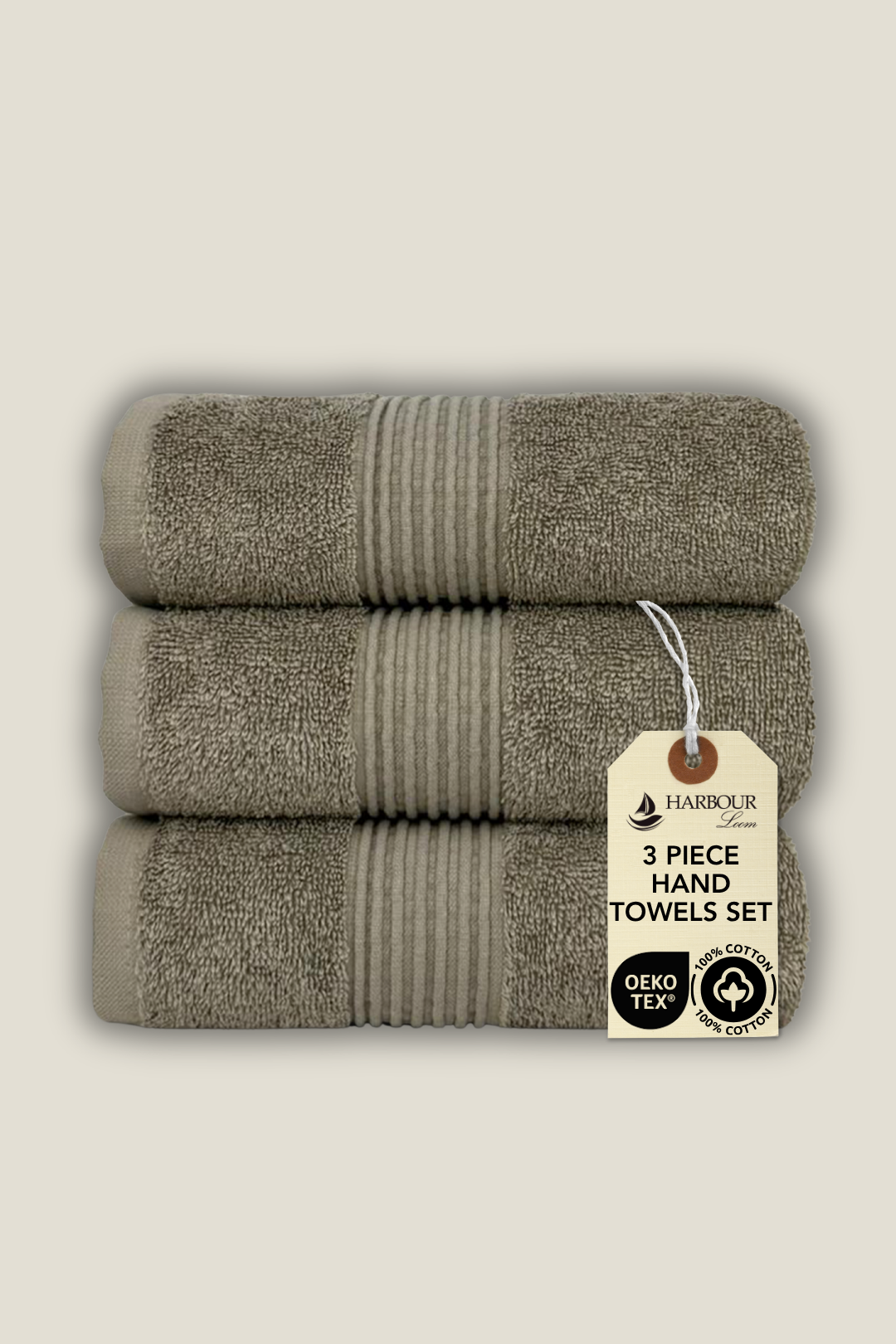 Harbourloom 3-piece taupe brown hand towel set, OEKO-TEX certified super soft Turkish cotton for everyday use.
