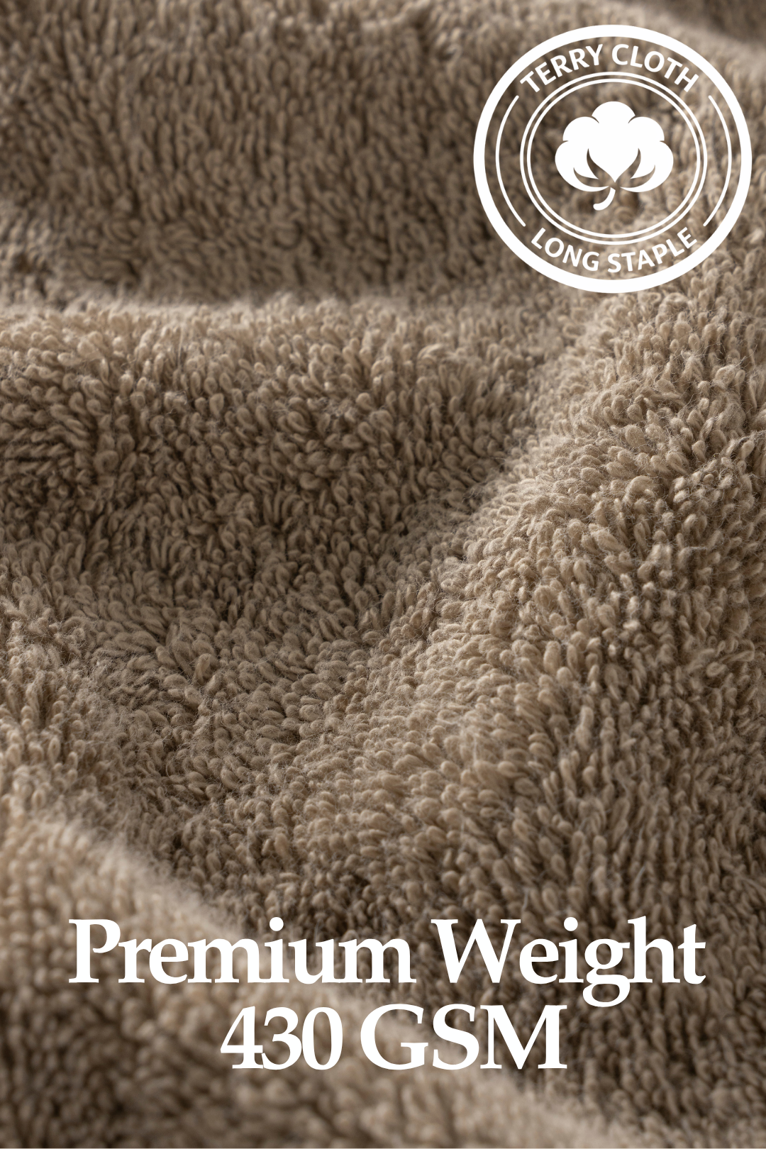 Close-up of brown terry cloth fabric with a label indicating 'Premium Weight 430 GSM'.