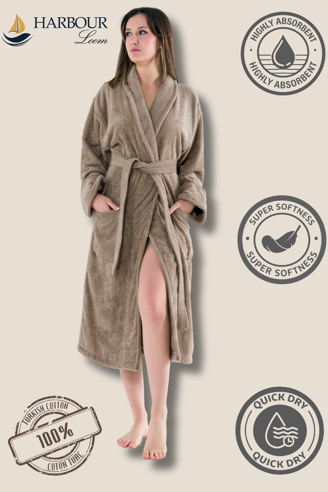 Woman wearing a brown beige robe with Harbour Loom branding and product features on a beige background