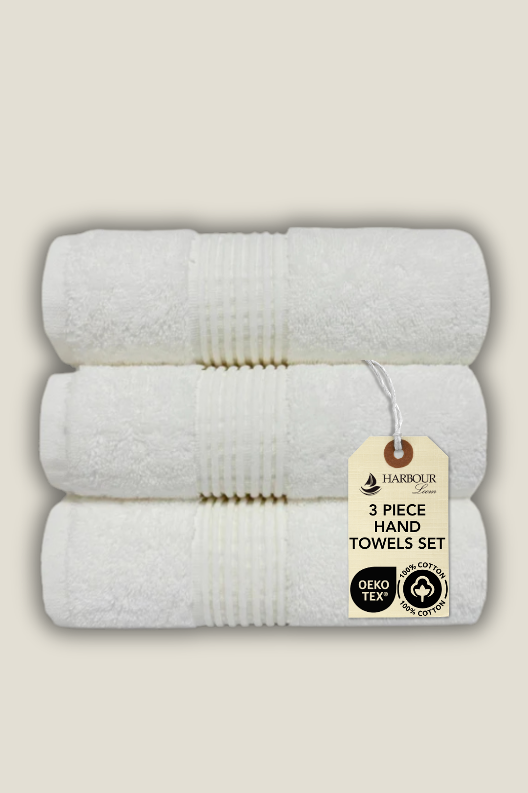 Luxury hotel-quality white hand towel set of 3, Harbourloom brand, quick-dry and highly absorbent Turkish cotton
